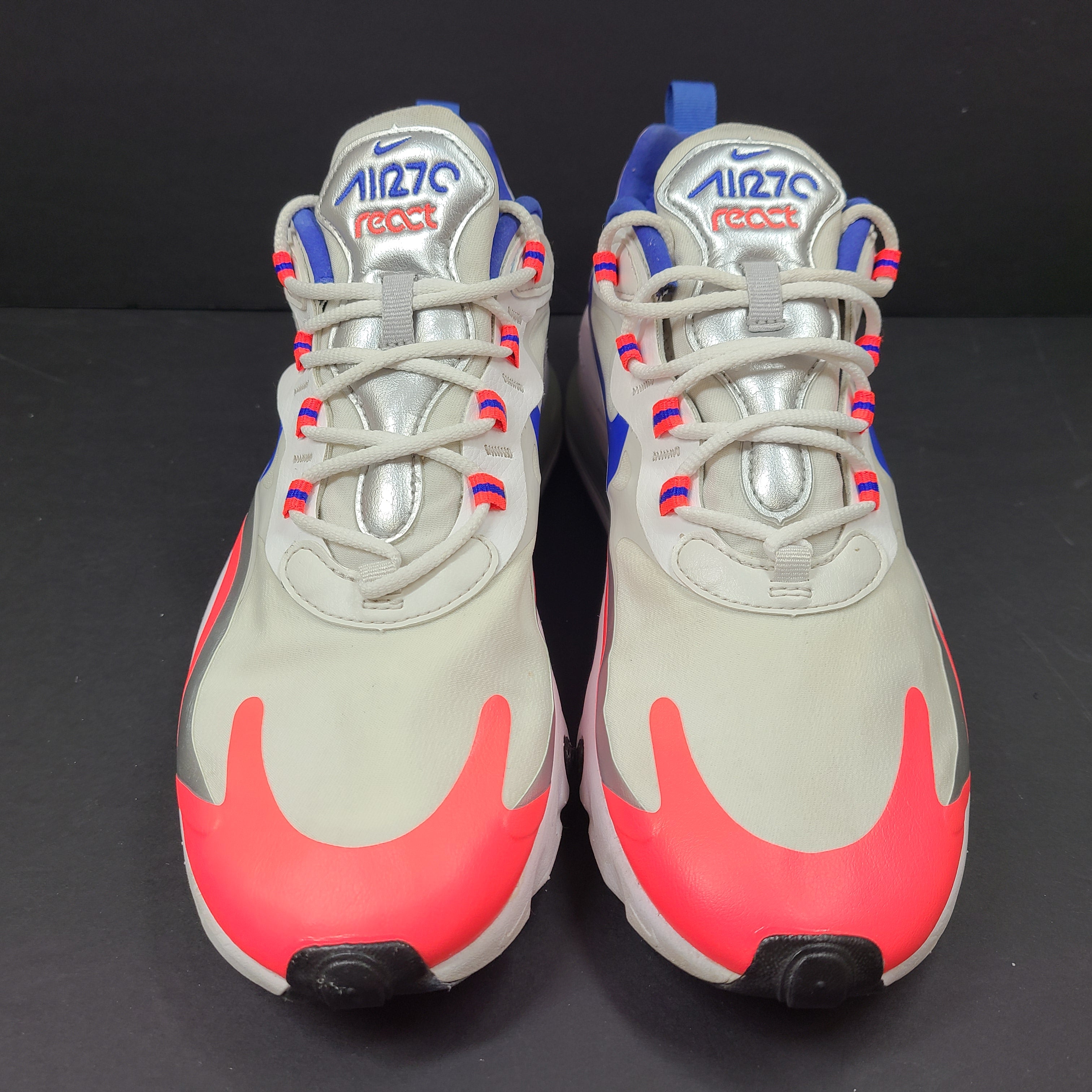Nike Air Max 270 React US 10.5 in gray, blue and red, pre-owned with light wear.