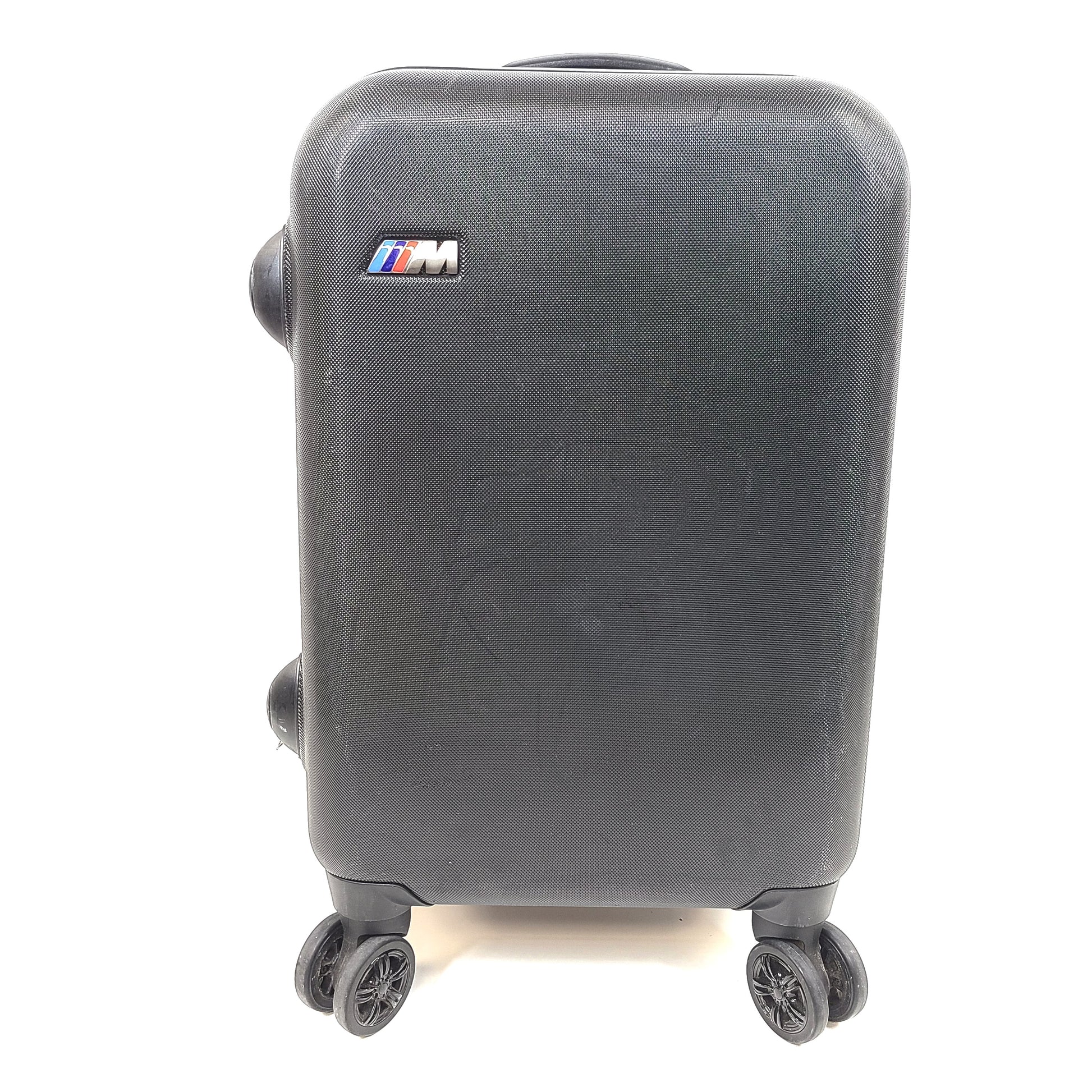 Black and red BMW suitcase featuring a TSA lock and four spinner wheels for easy maneuvering.