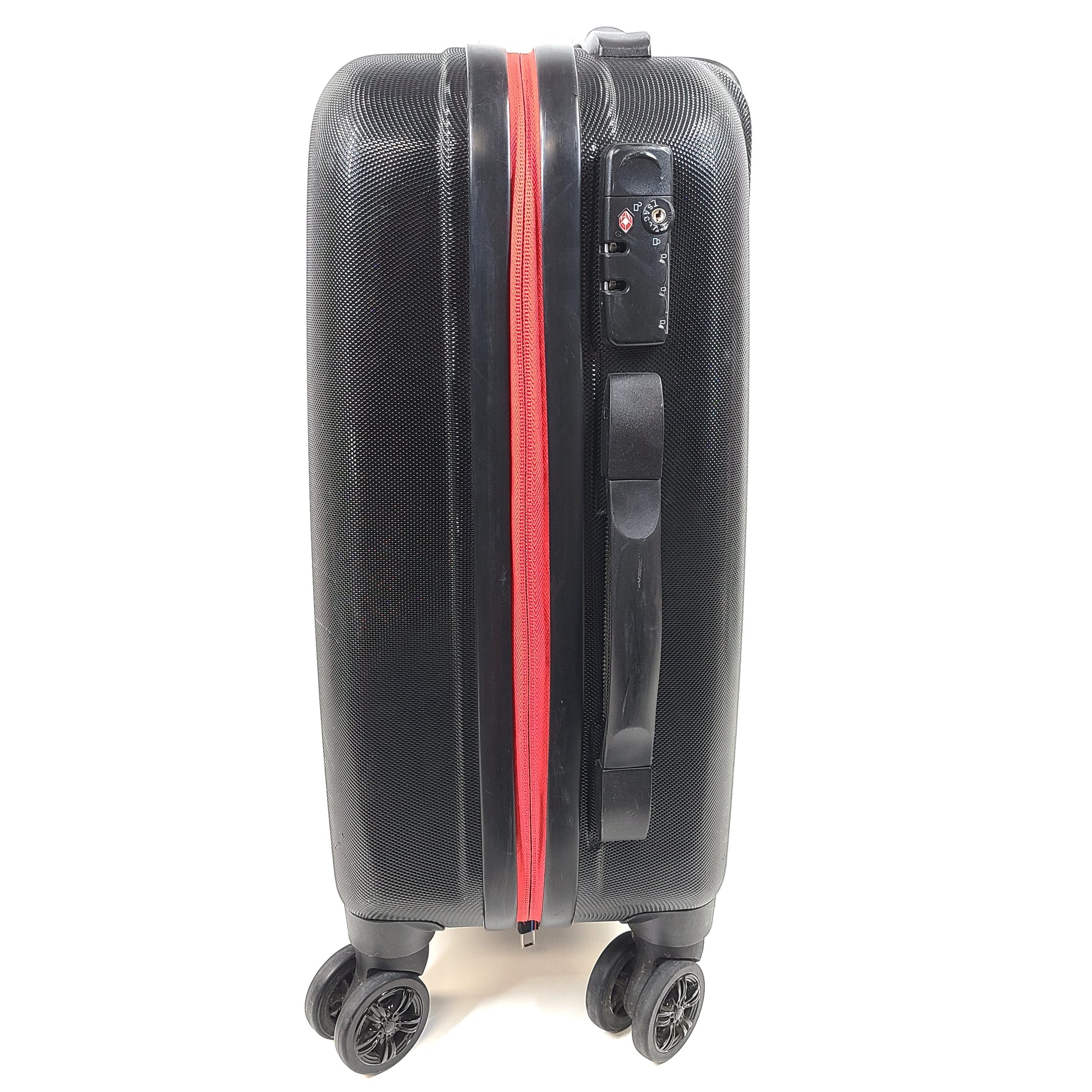 Black and red BMW suitcase featuring a TSA lock and four spinner wheels for easy maneuvering.