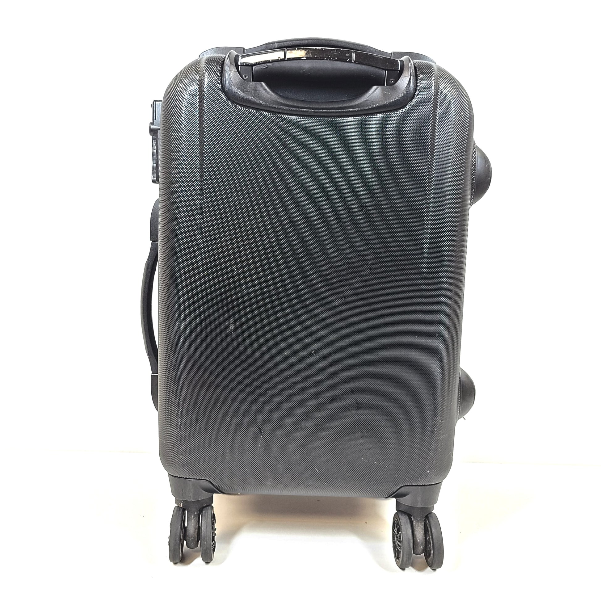 Black and red BMW suitcase featuring a TSA lock and four spinner wheels for easy maneuvering.