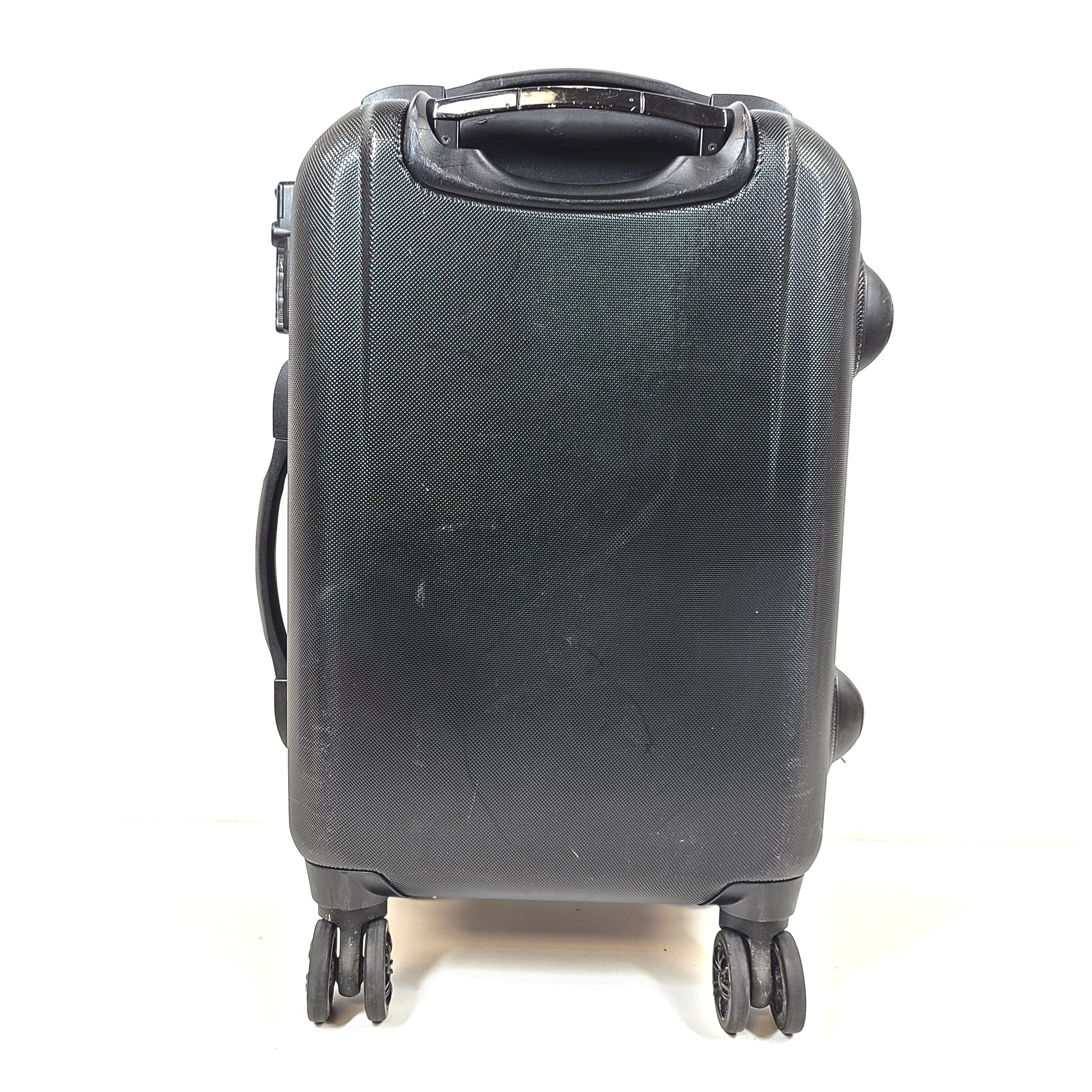 Black and red BMW suitcase featuring a TSA lock and four spinner wheels for easy maneuvering.