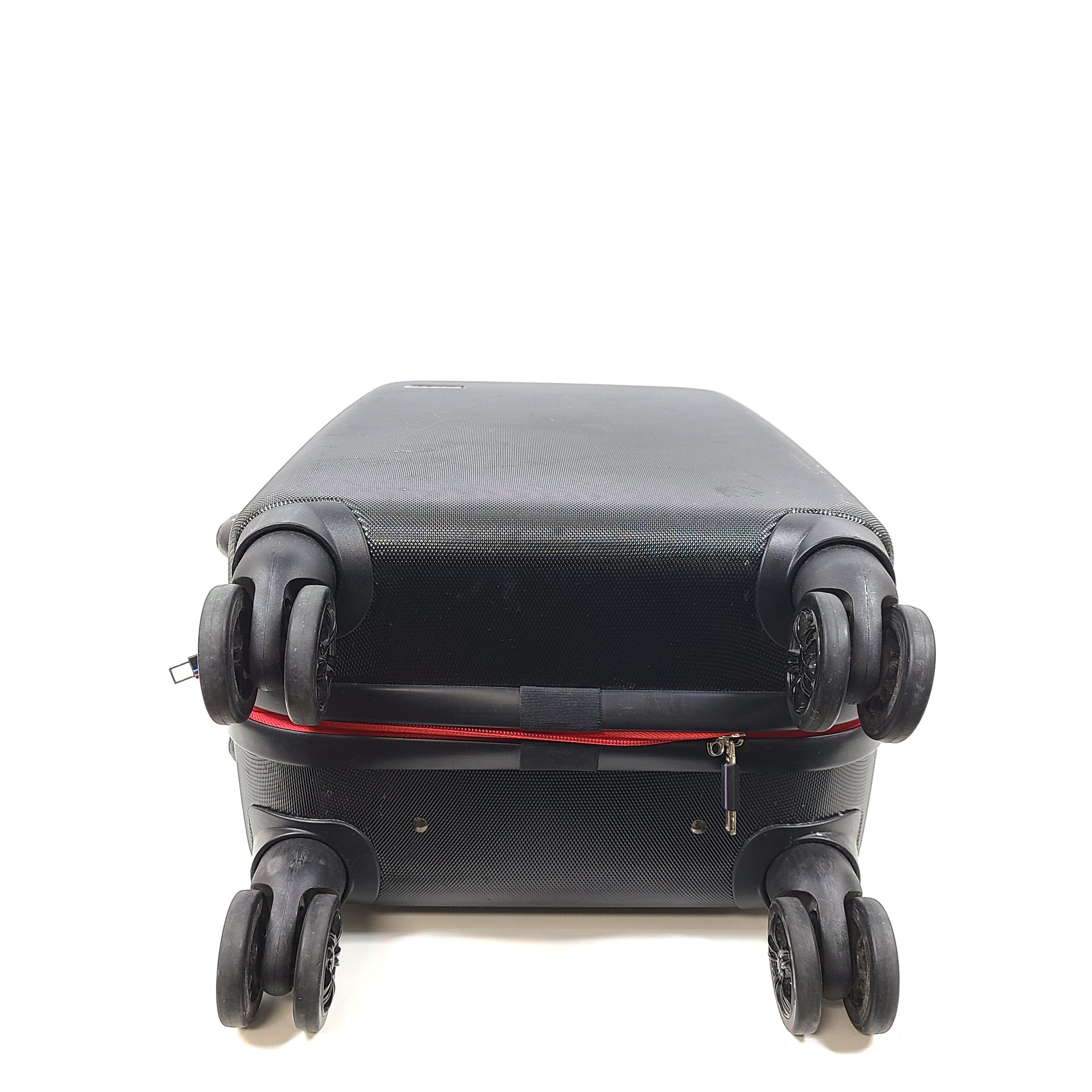 Black and red BMW suitcase featuring a TSA lock and four spinner wheels for easy maneuvering.