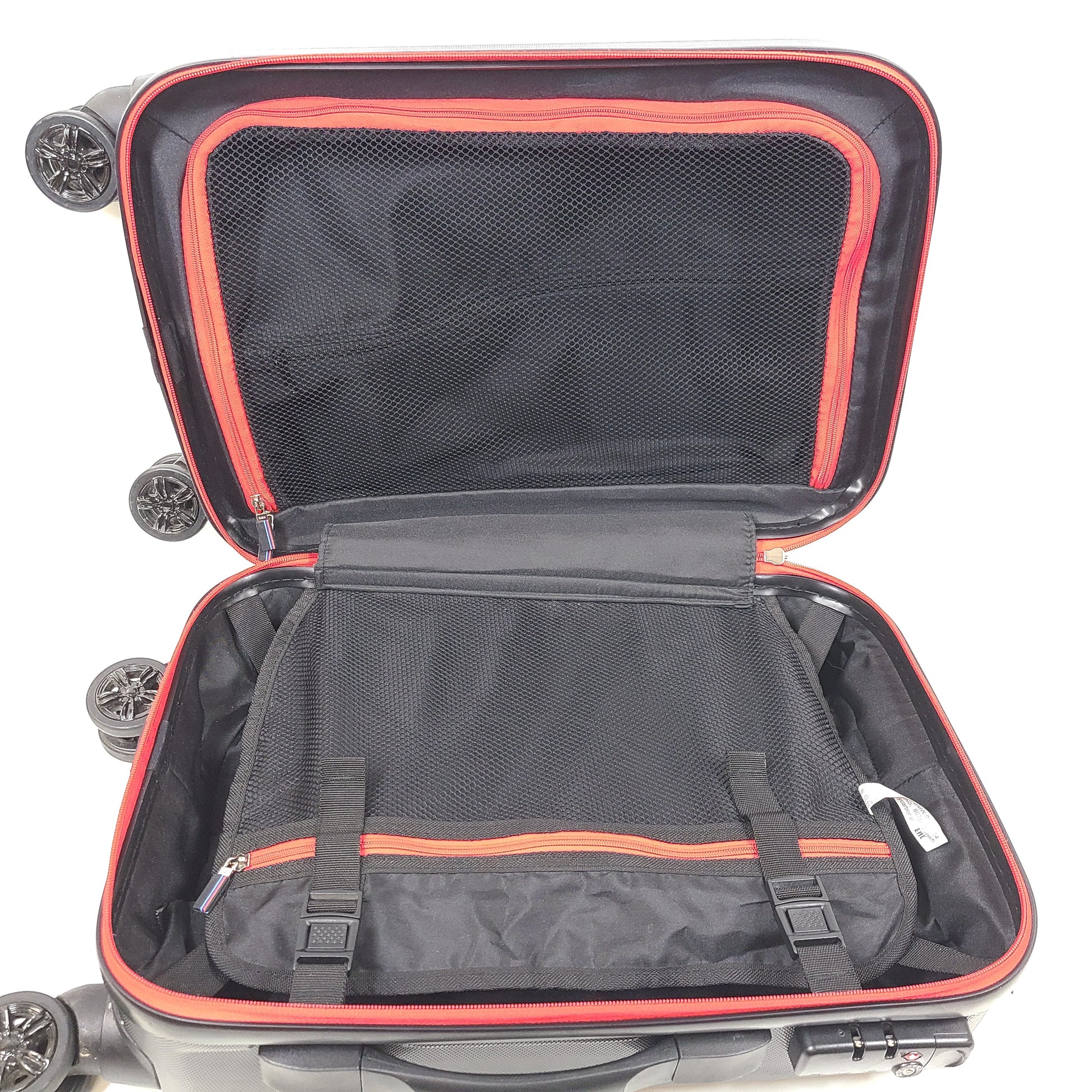 Black and red BMW suitcase featuring a TSA lock and four spinner wheels for easy maneuvering.