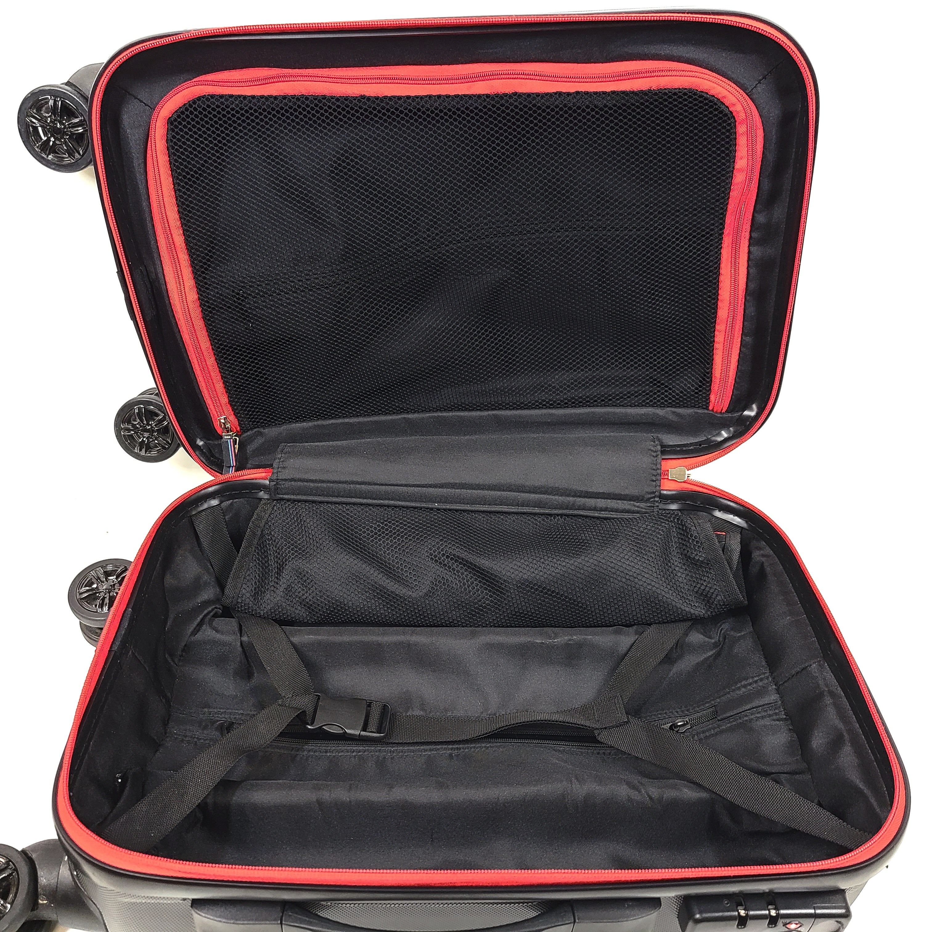 Black and red BMW suitcase featuring a TSA lock and four spinner wheels for easy maneuvering.