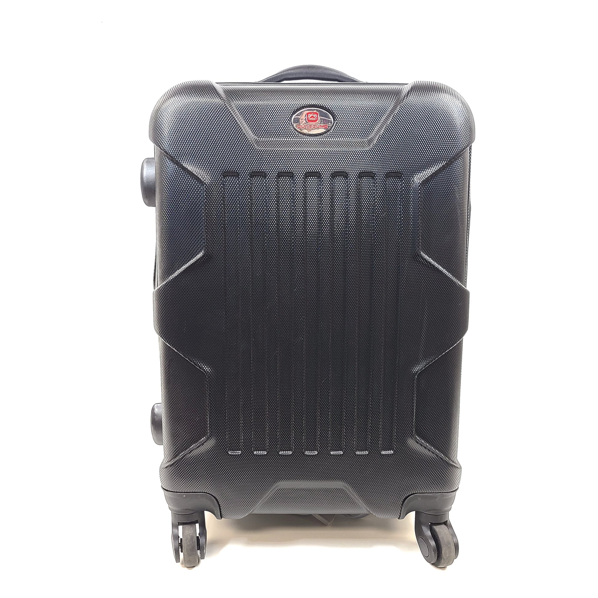 Black hard-shell suitcase with textured finish and 360-degree spinner wheels for smooth mobility.