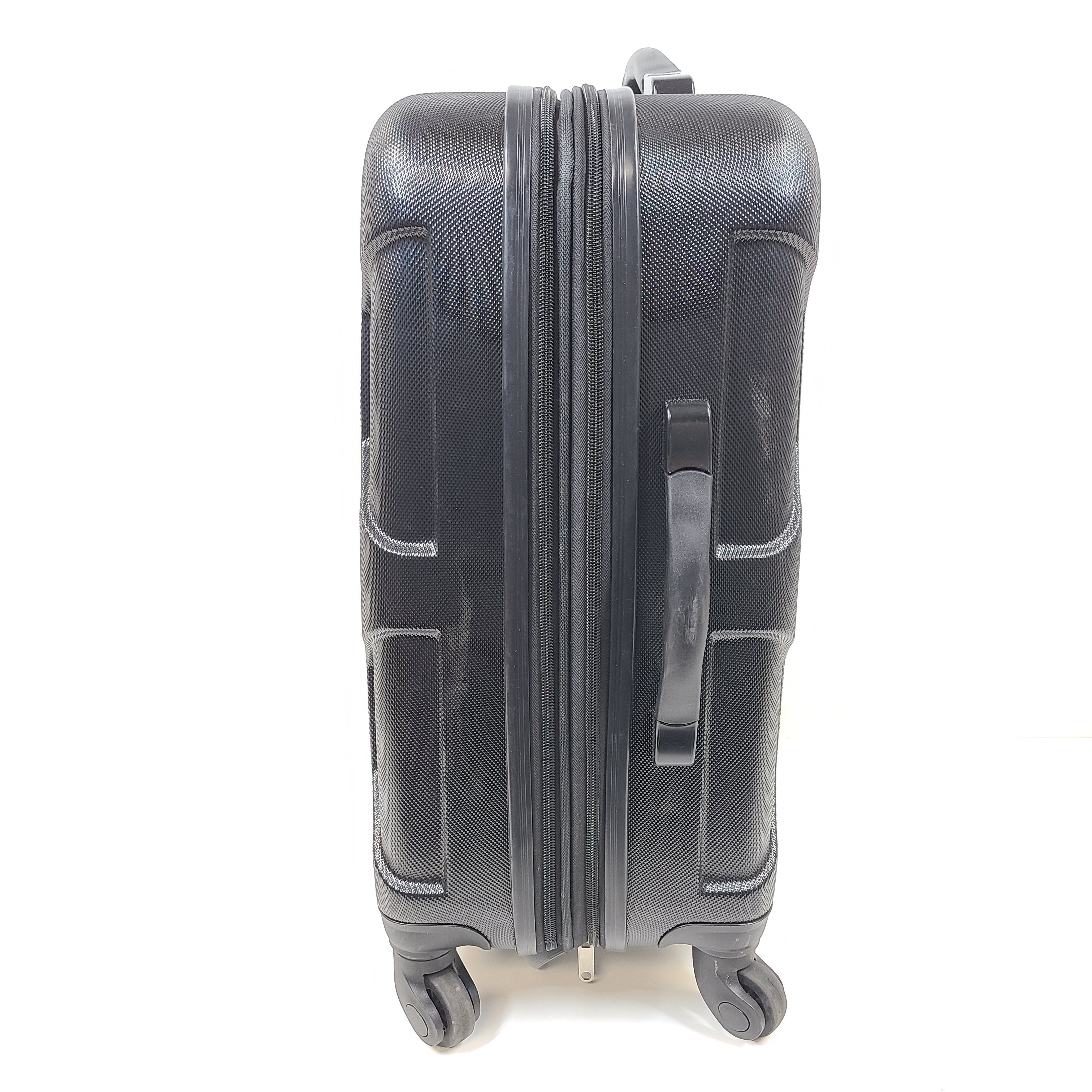 Black hard-shell suitcase with textured finish and 360-degree spinner wheels for smooth mobility.