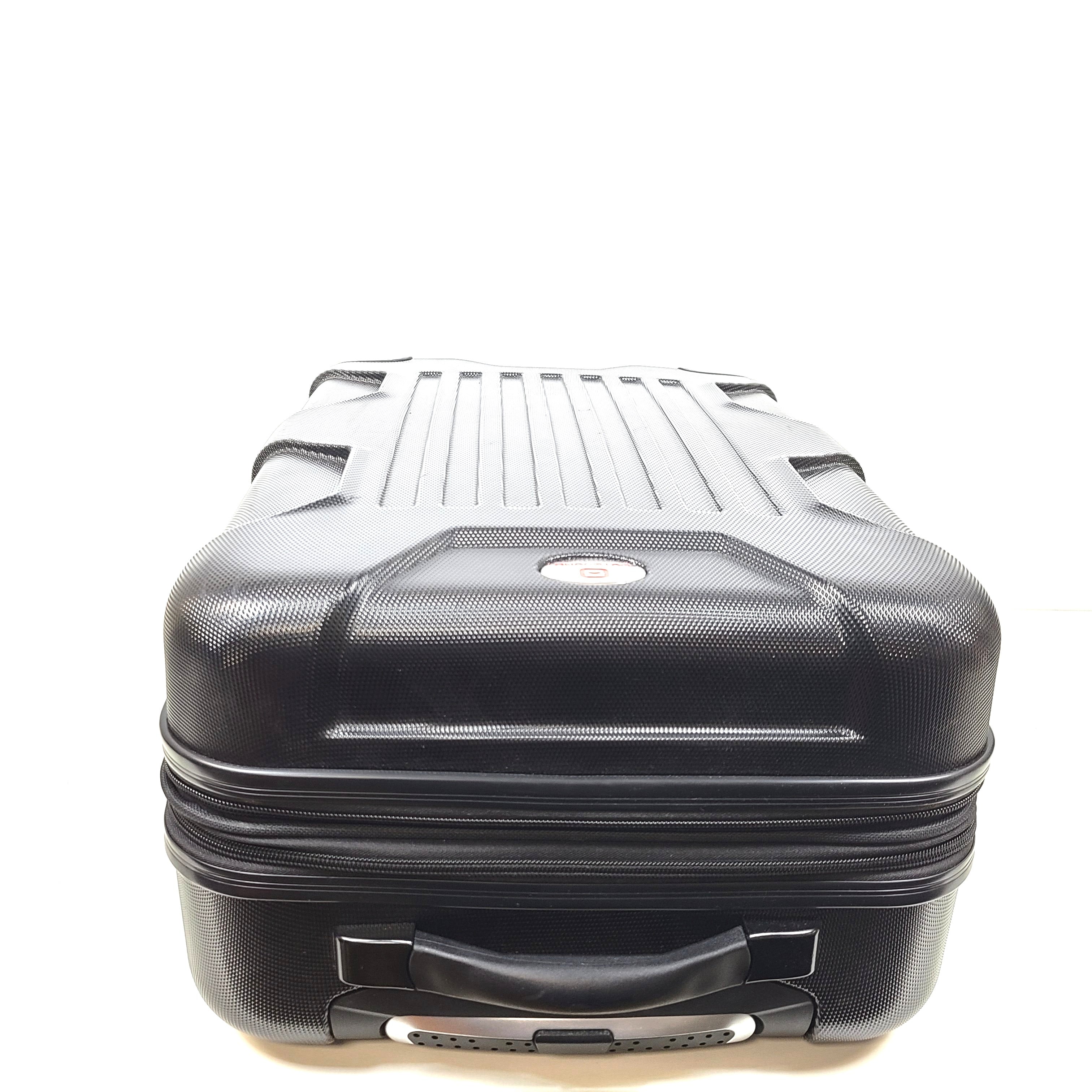 Black hard-shell suitcase with textured finish and 360-degree spinner wheels for smooth mobility.