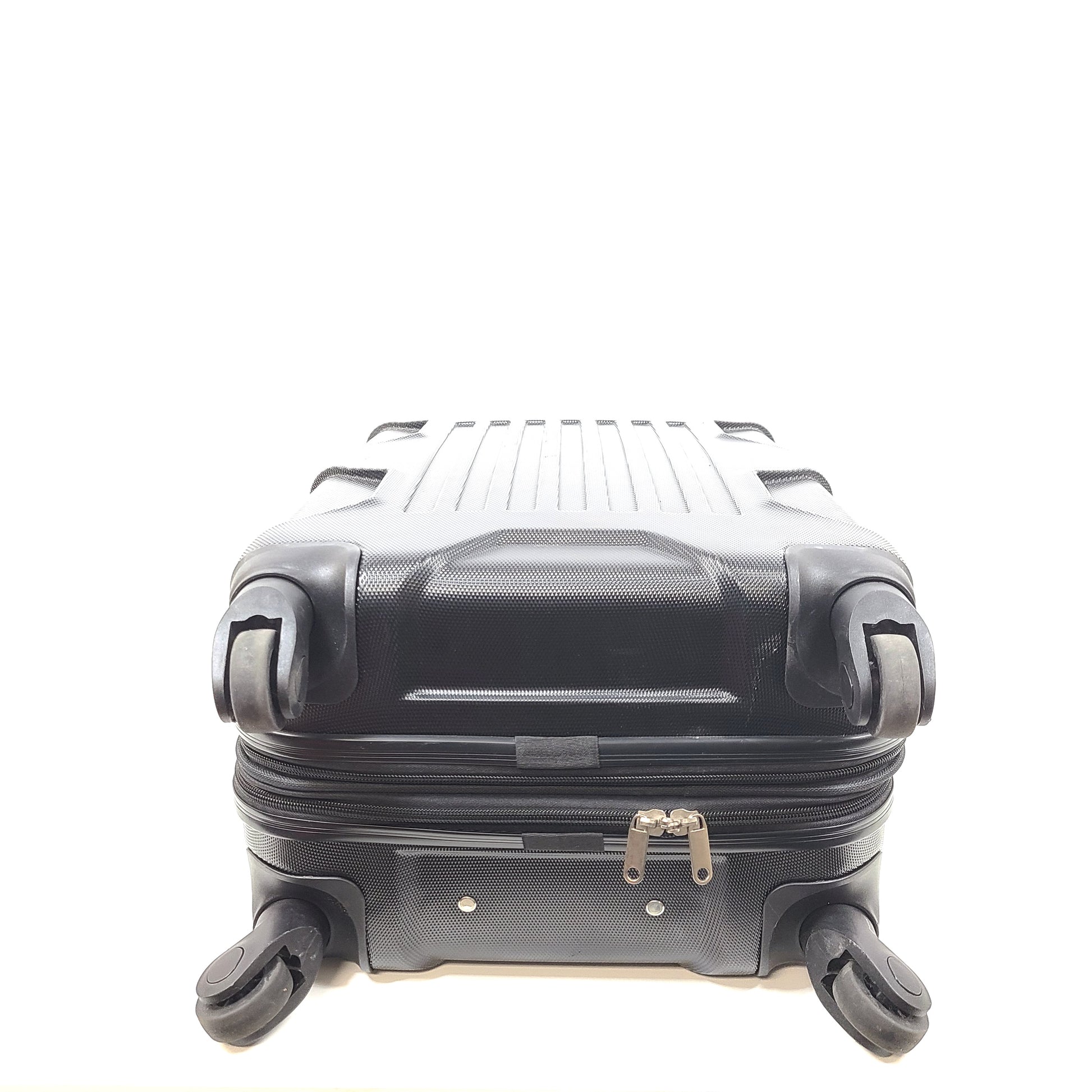 Black hard-shell suitcase with textured finish and 360-degree spinner wheels for smooth mobility.
