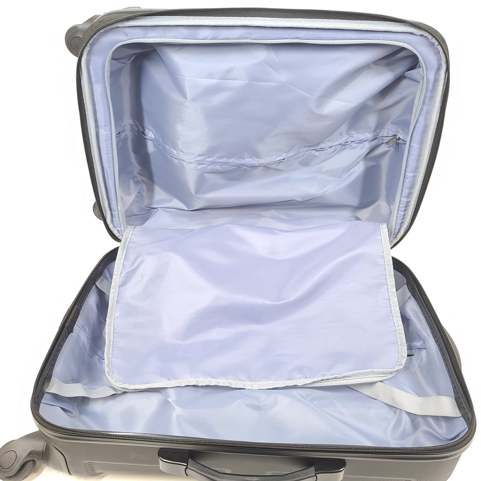 Black hard-shell suitcase with textured finish and 360-degree spinner wheels for smooth mobility.