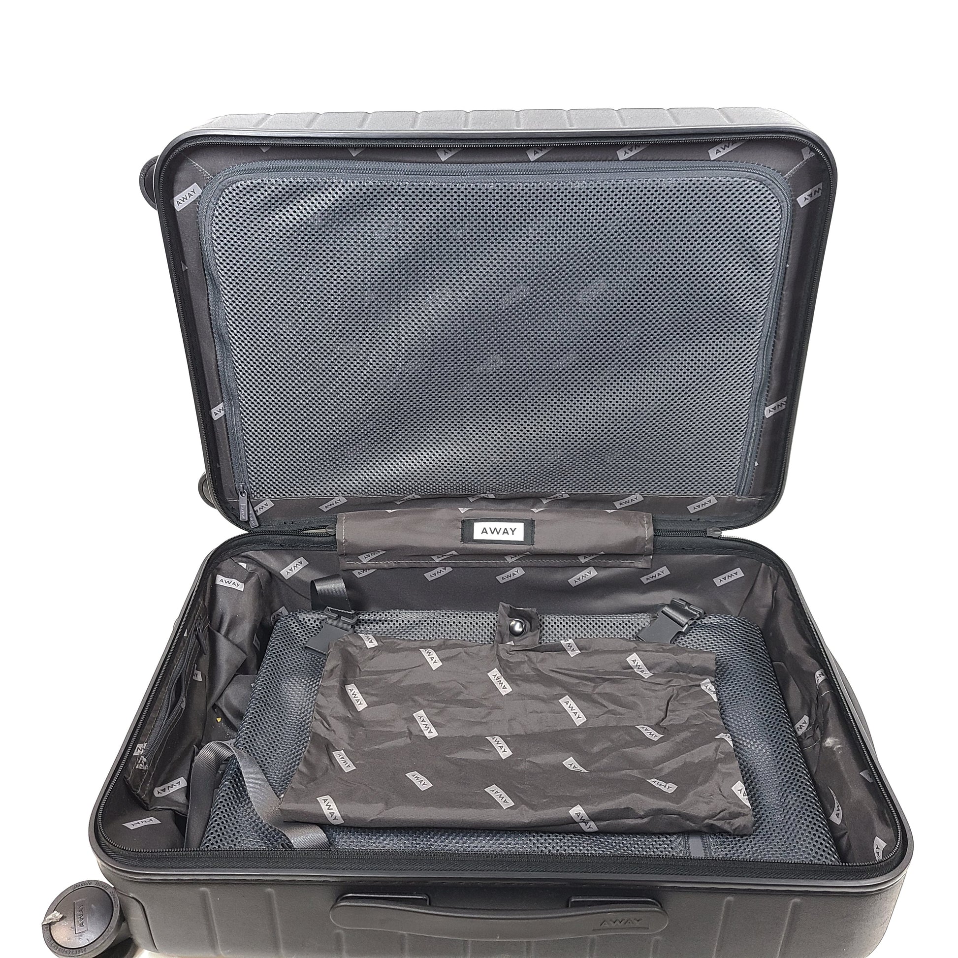 Black Away suitcase with built-in combination lock and organized interior compartments for efficient packing.