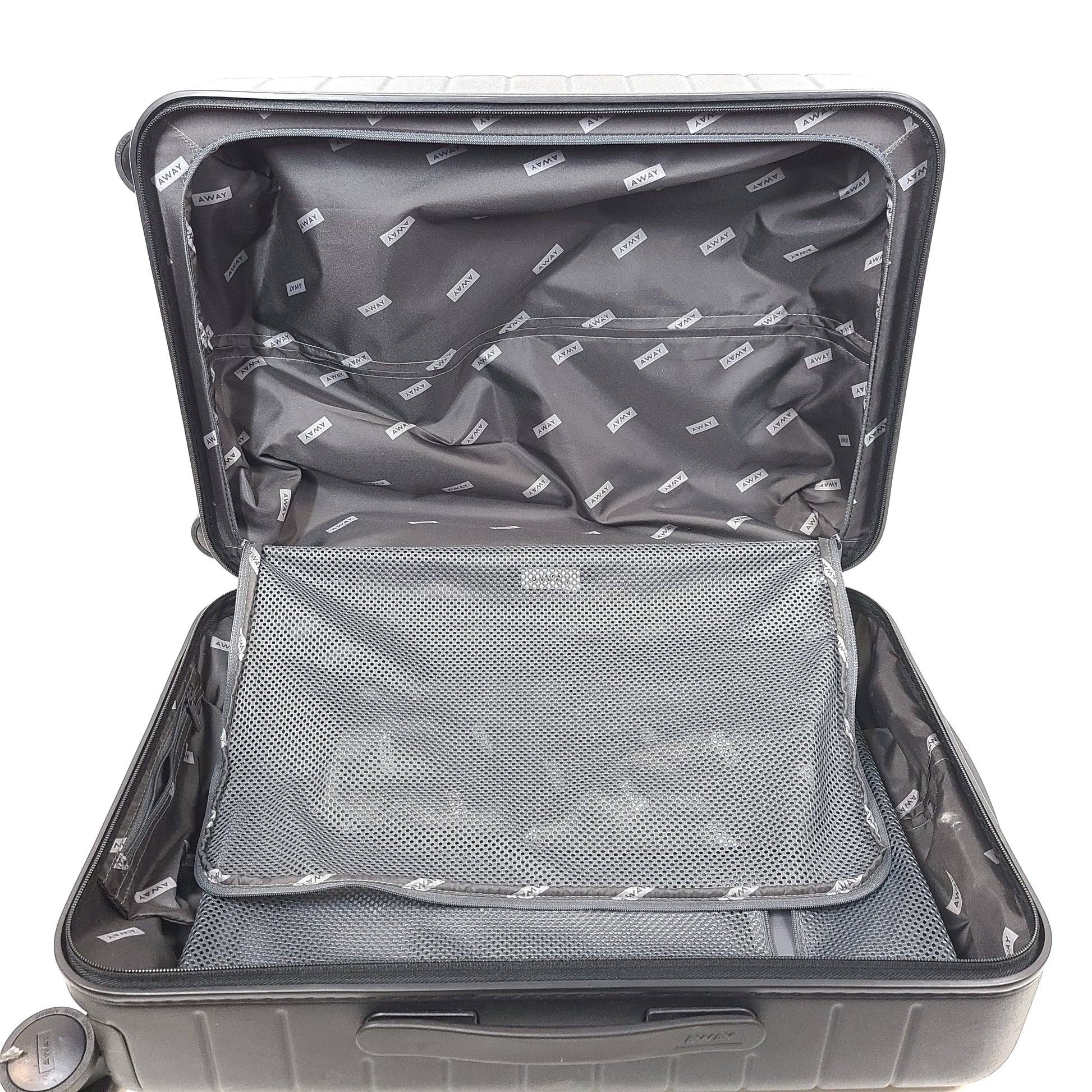 Black Away suitcase with built-in combination lock and organized interior compartments for efficient packing.