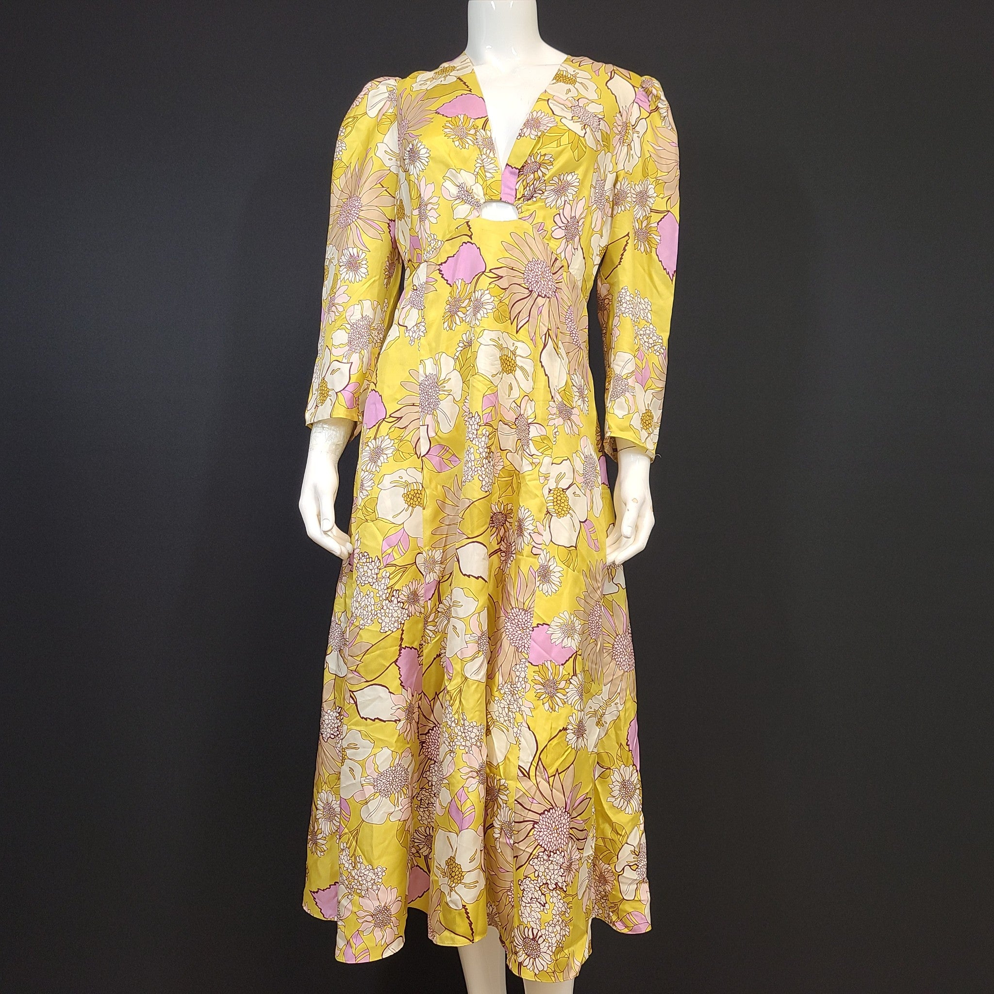 Sandro Paris Giorgia Long Silk Printed Dress Floral Yellow EUR 40 / US 8 / L