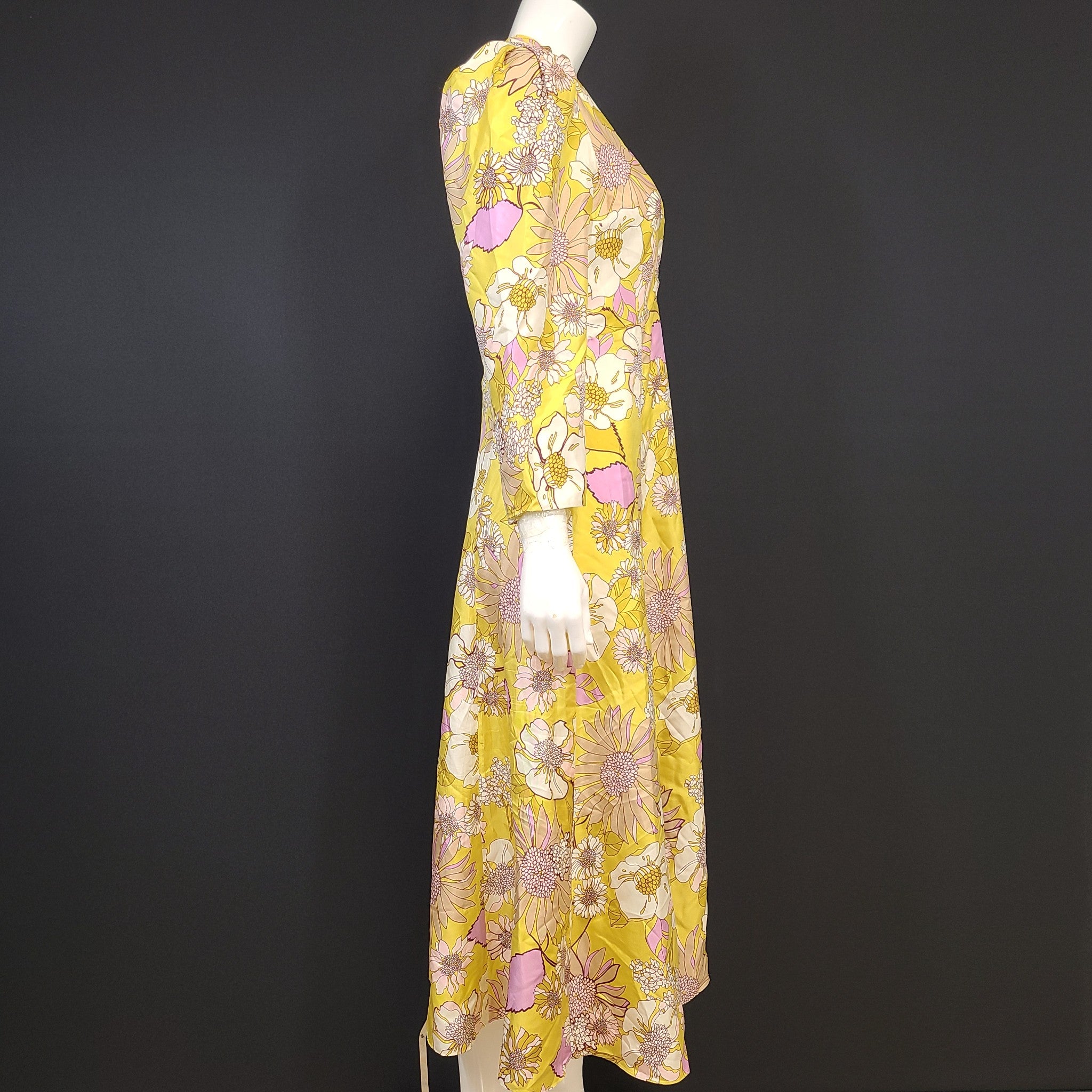 Sandro Paris Giorgia Long Silk Printed Dress Floral Yellow EUR 40 / US 8 / L