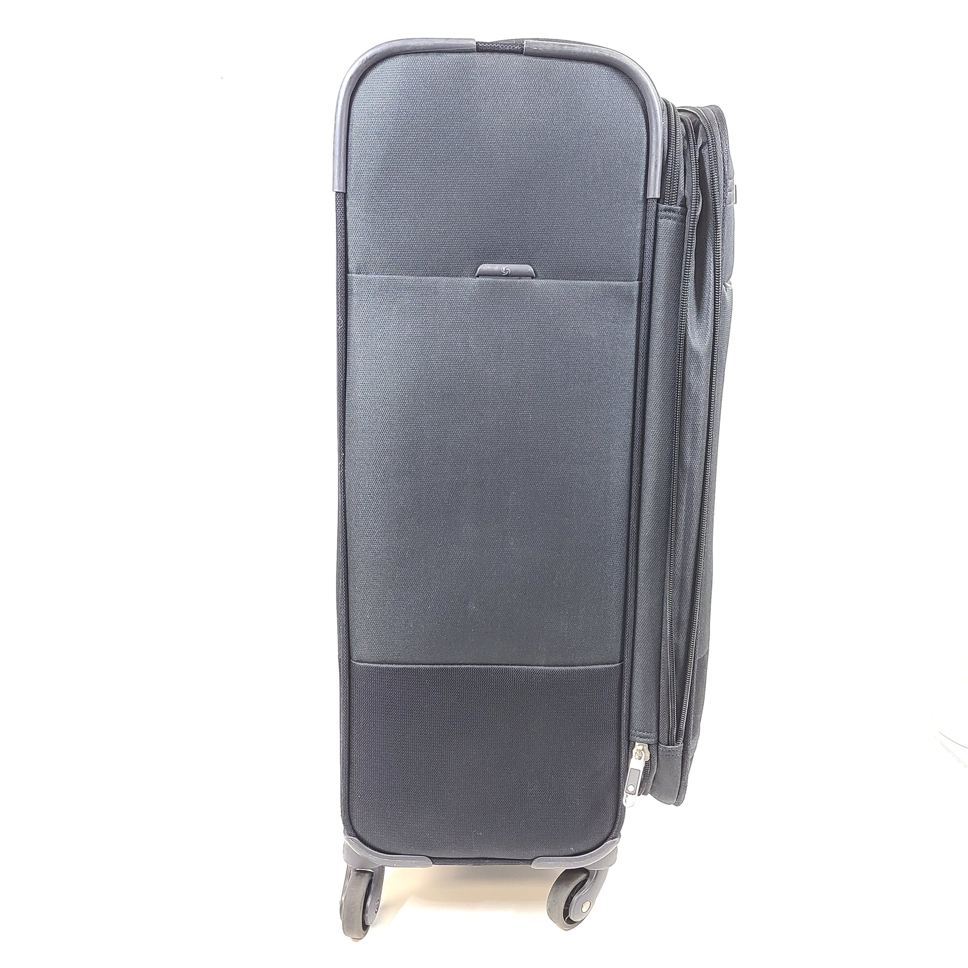 Black Samsonite Super Light spinner suitcase designed for lightweight travel and effortless maneuvering.