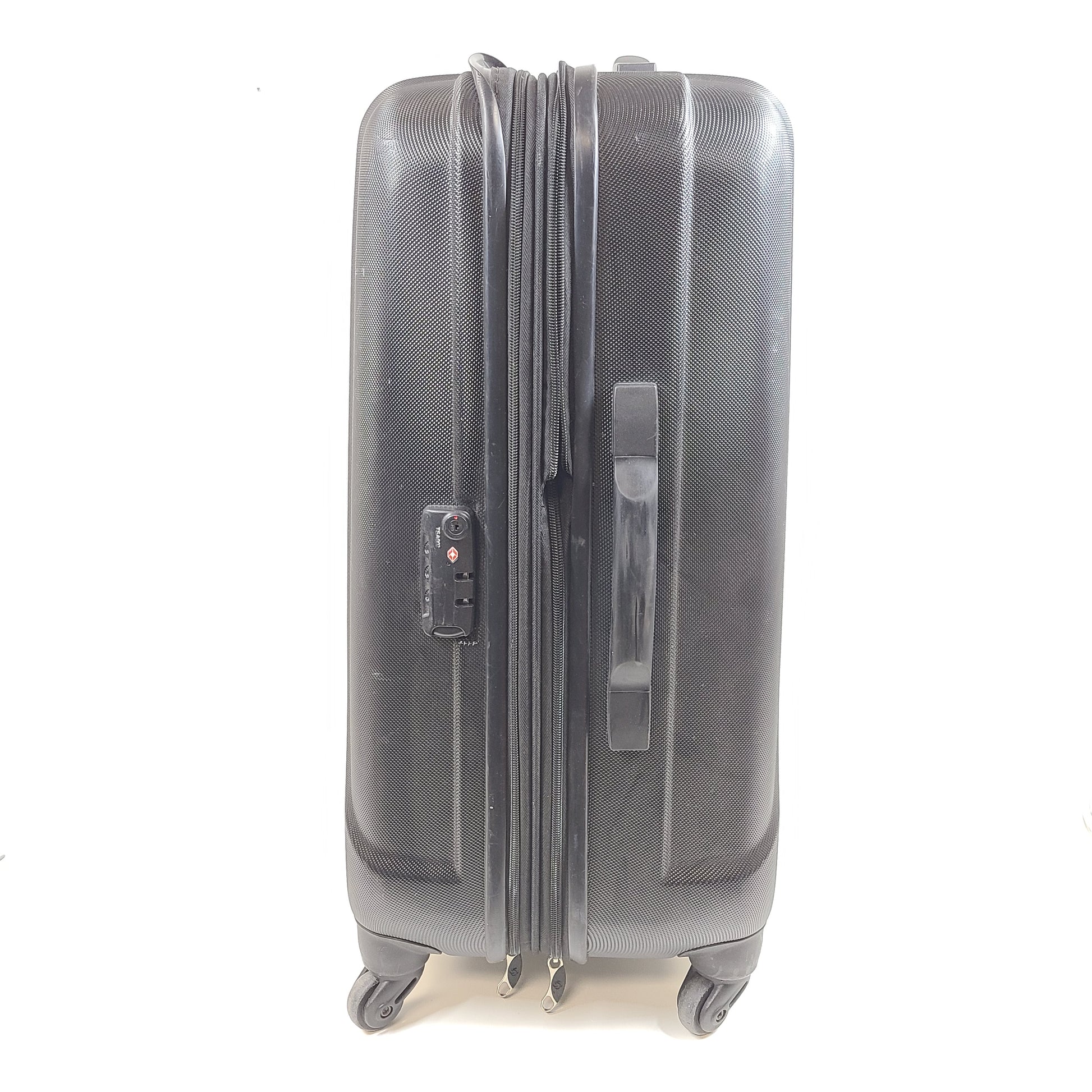 Black Samsonite 4-wheel spinner hardside suitcase with front Samsonite logo and organized interior.