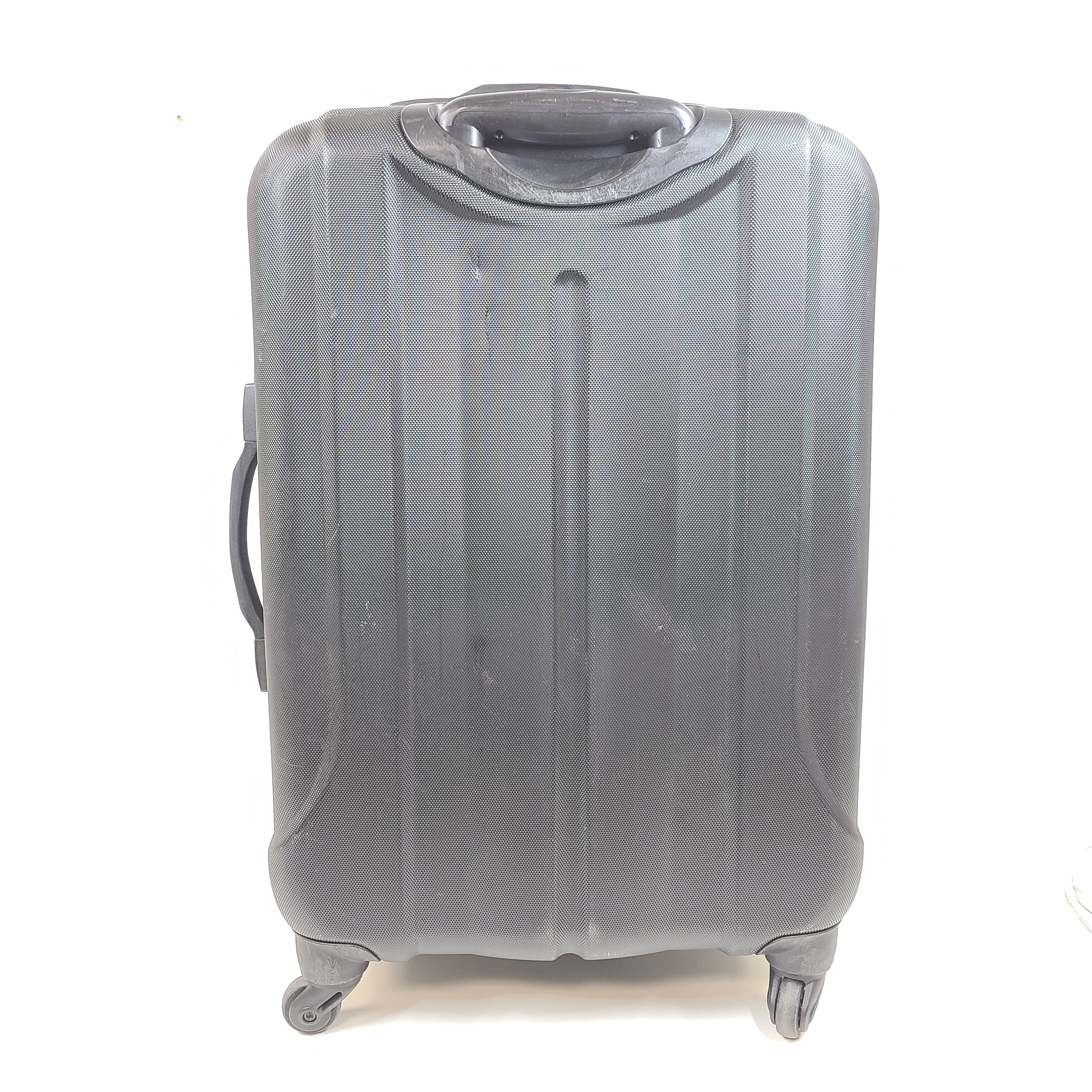 Black Samsonite 4-wheel spinner hardside suitcase with front Samsonite logo and organized interior.