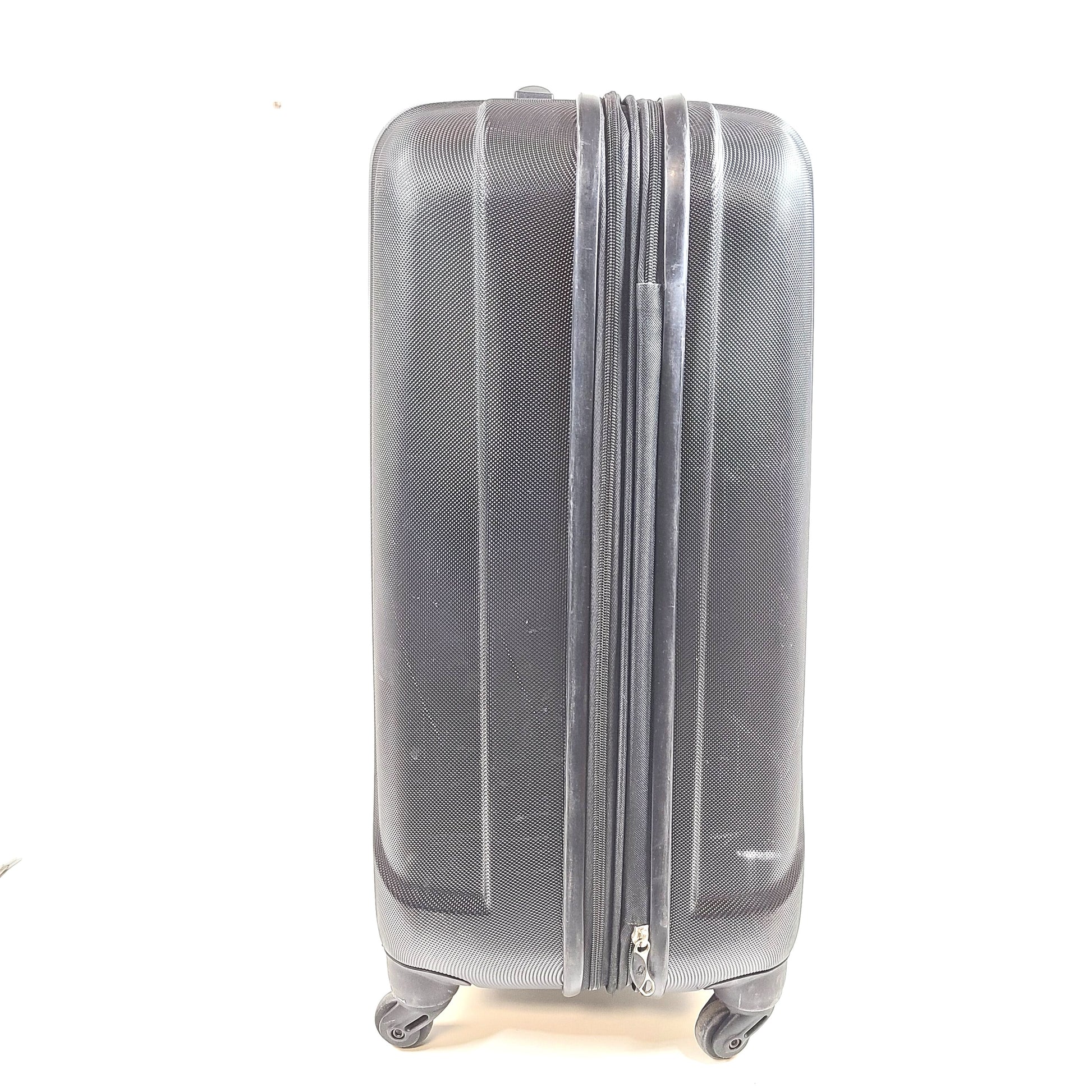 Black Samsonite 4-wheel spinner hardside suitcase with front Samsonite logo and organized interior.