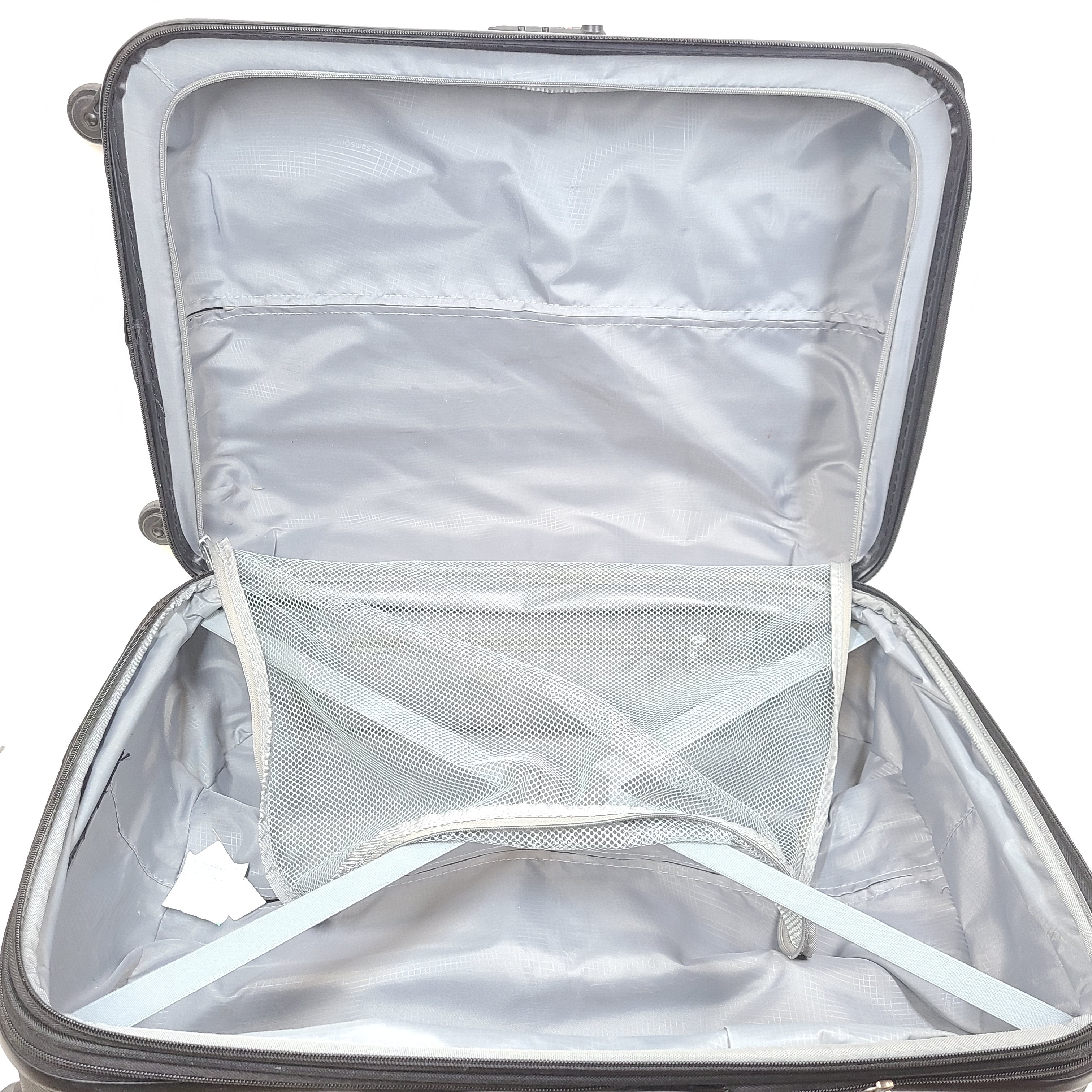 Black Samsonite 4-wheel spinner hardside suitcase with front Samsonite logo and organized interior.