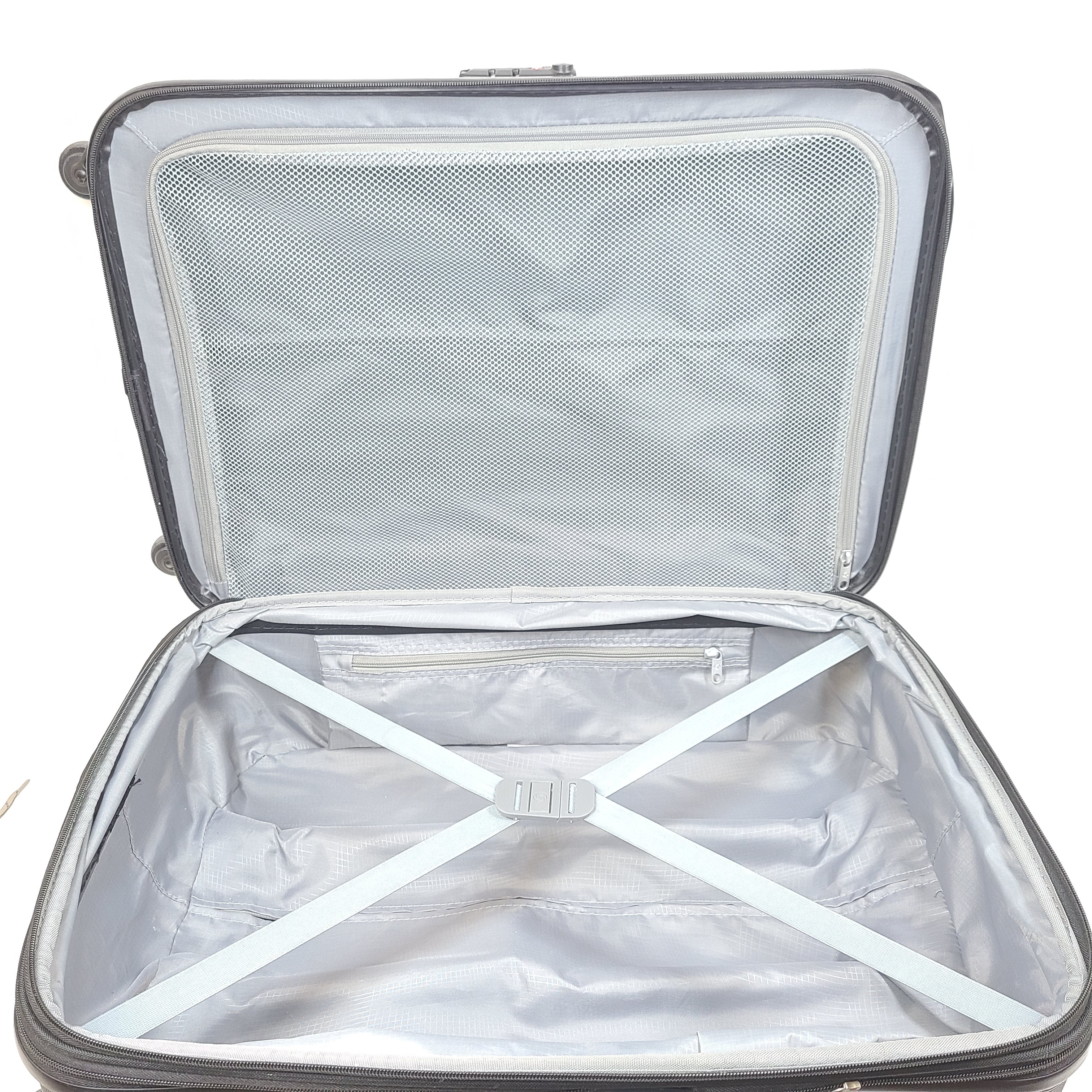 Black Samsonite 4-wheel spinner hardside suitcase with front Samsonite logo and organized interior.