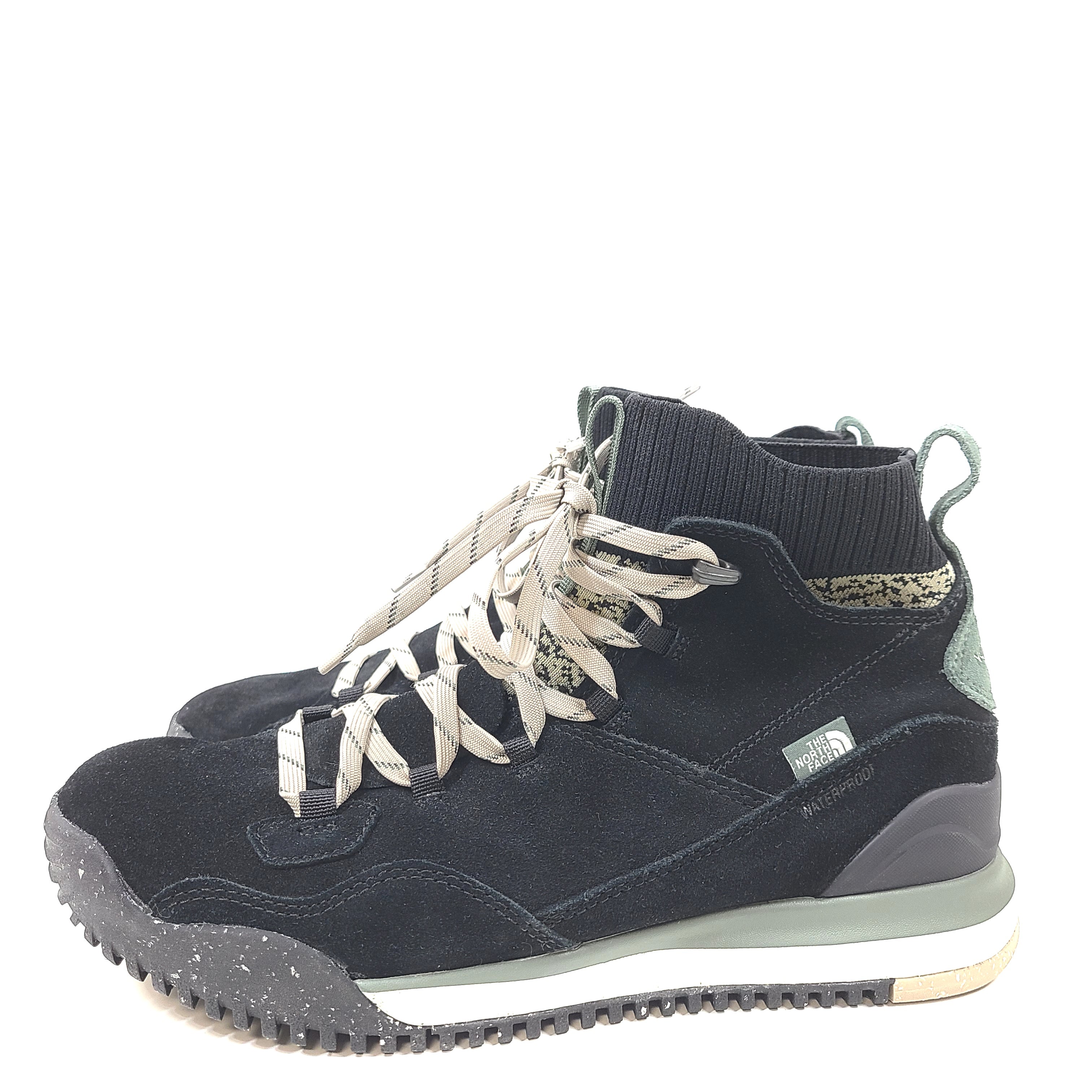 Black and green high-top waterproof men's hiking shoes from The North Face, model NF0A5G2Z, US size 10.