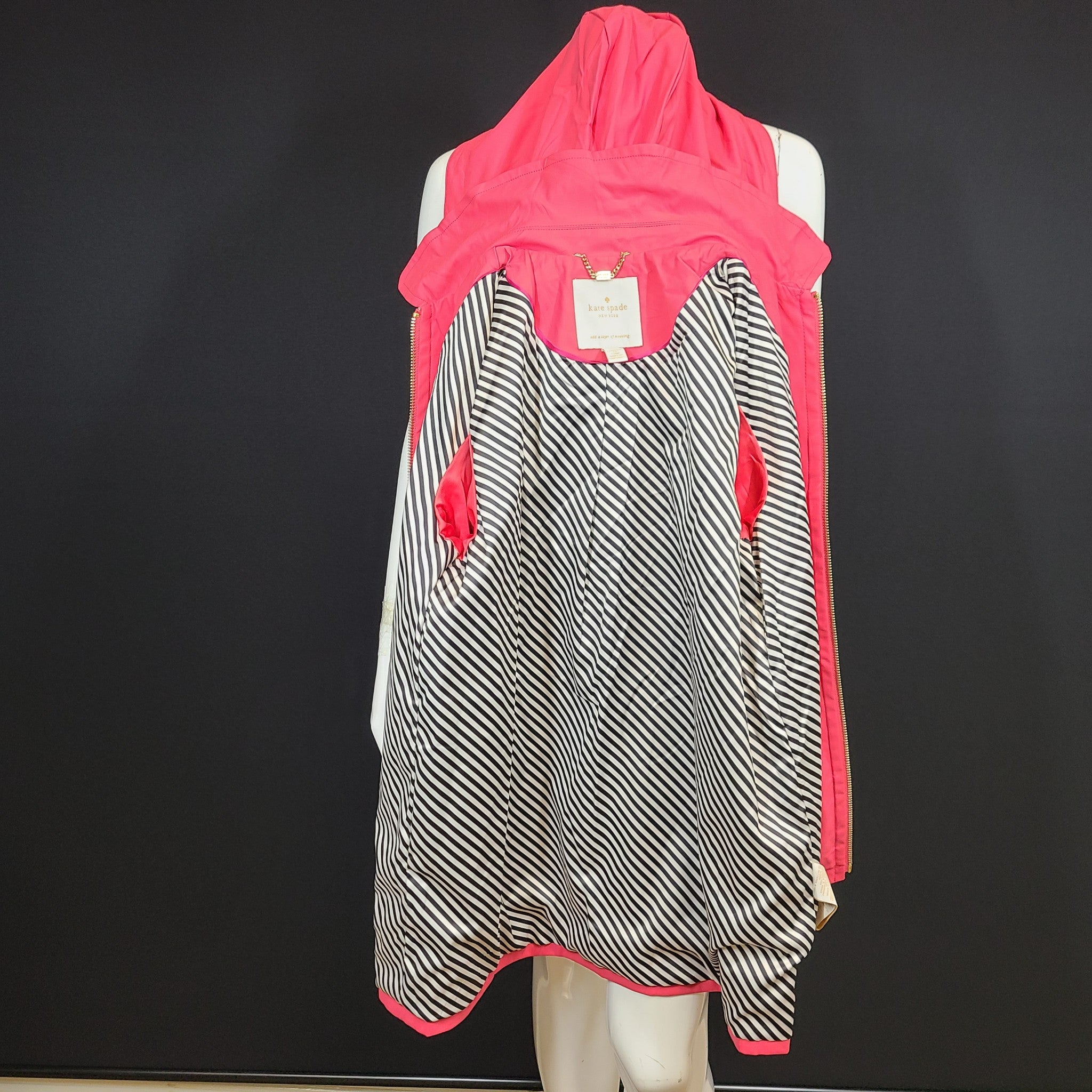 Kate Spade Women's Rain Coat Jacket Scallop Trim Hot Pink Striped Lining Sz M