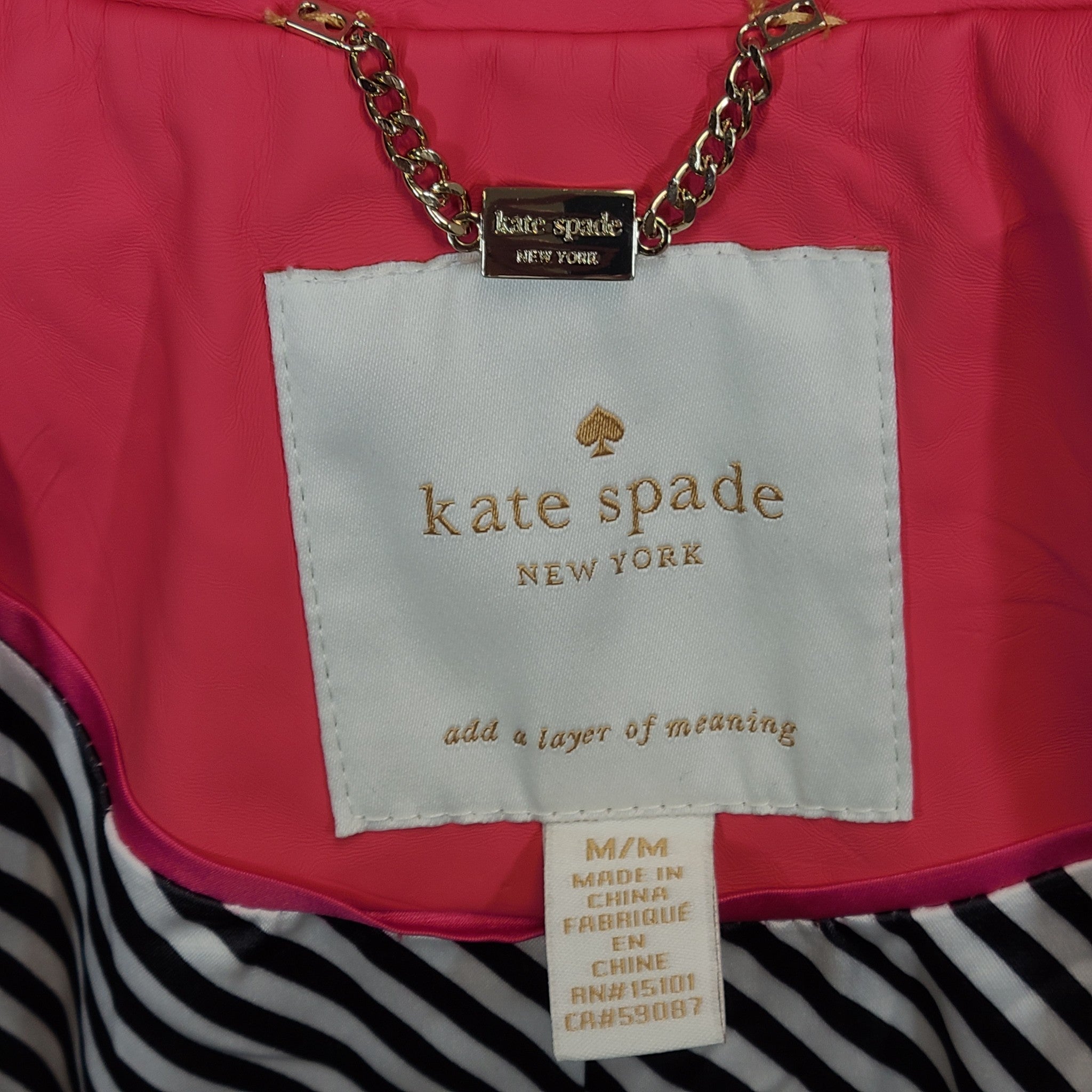 Kate Spade Women's Rain Coat Jacket Scallop Trim Hot Pink Striped Lining Sz M