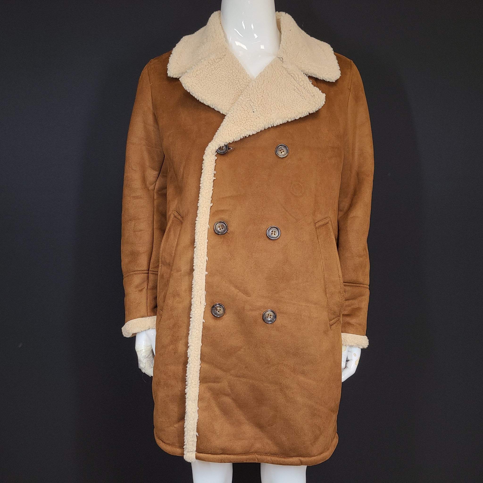 GUESS Men's Faux-Shearling Overcoat Insulated Warm Brown Tan Sz L