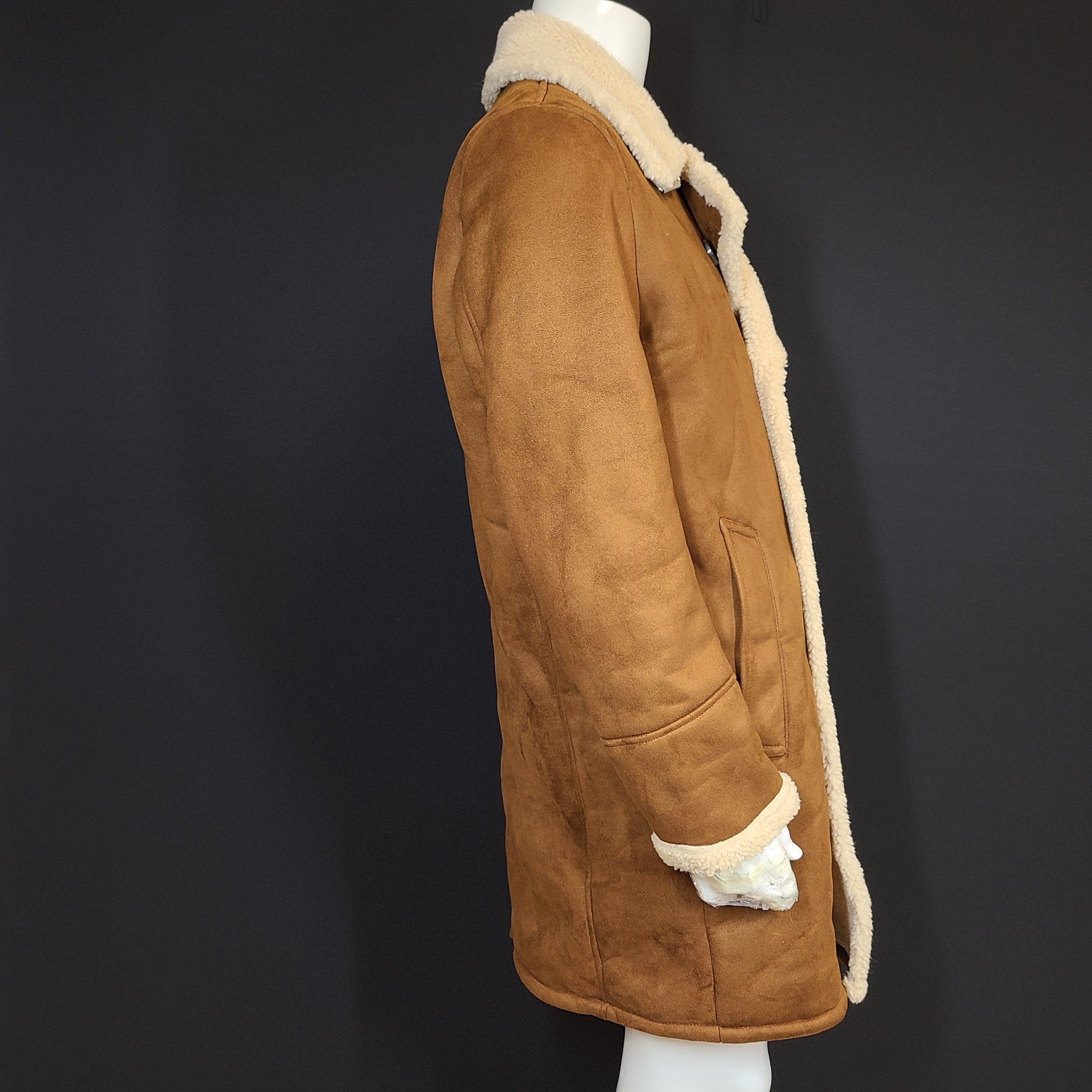 GUESS Men's Faux-Shearling Overcoat Insulated Warm Brown Tan Sz L