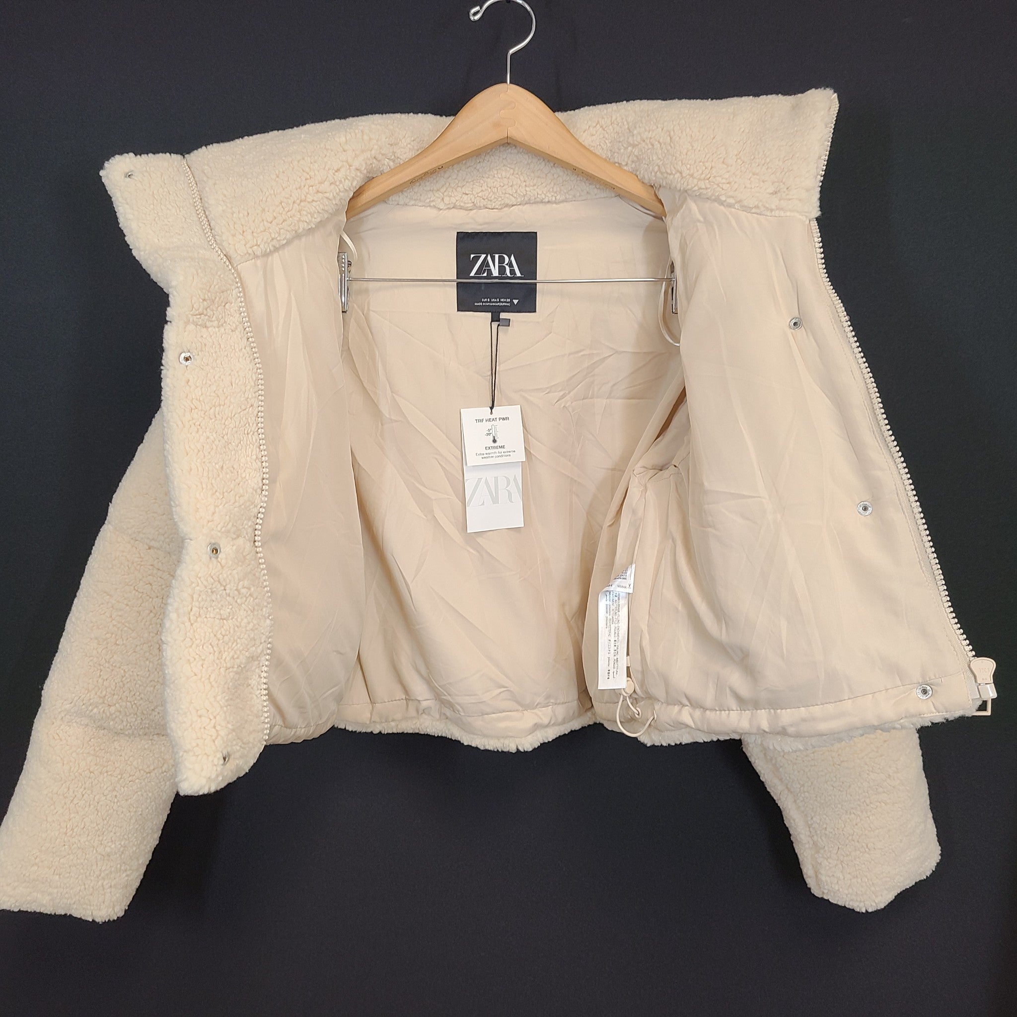 Zara Women's Short Cropped Fleece Jacket Faux Sherpa Ecru Beige Sz S NWT