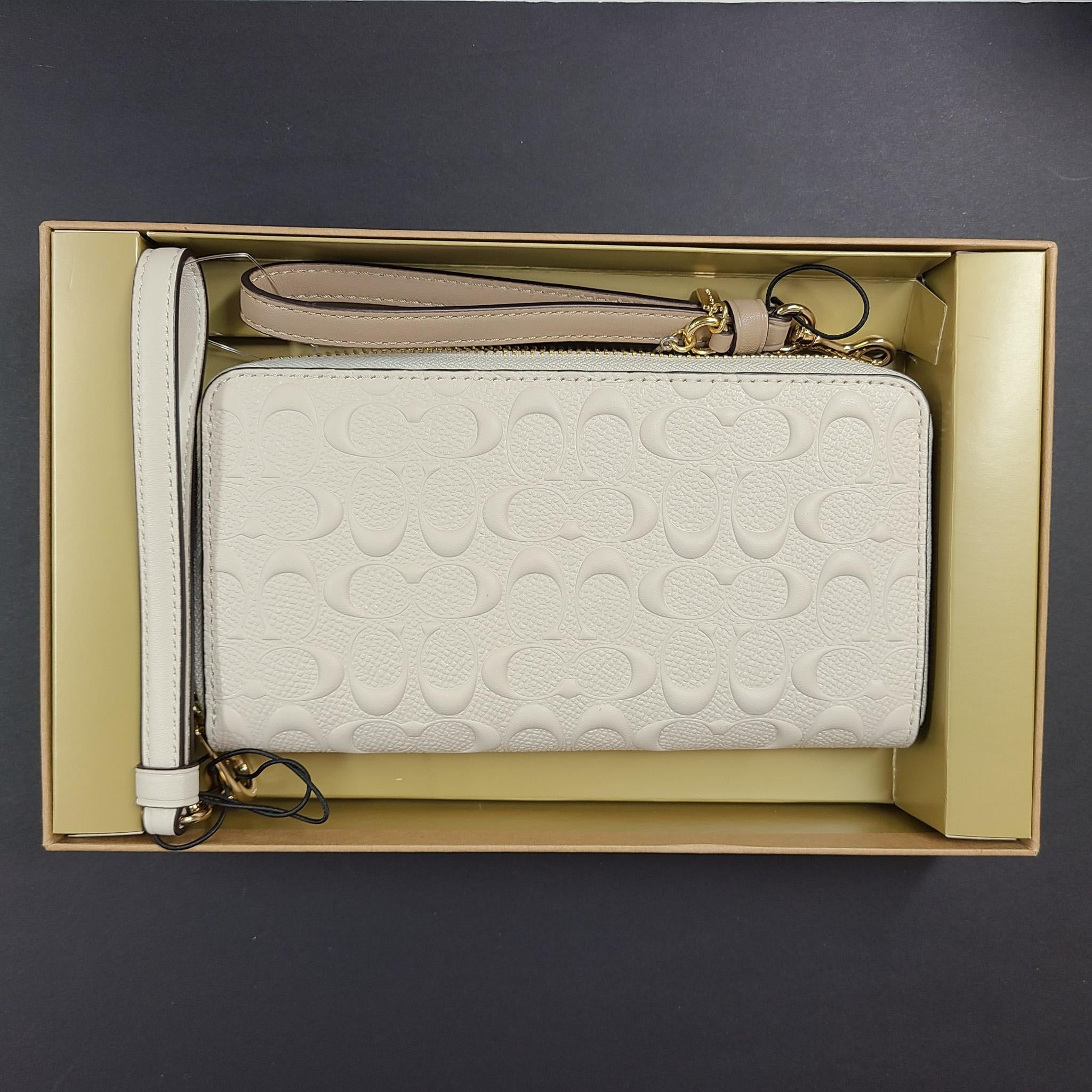 Coach Boxed Long Zip Around Wallet In Logo Embossed Leather C7220 Chalk NWT