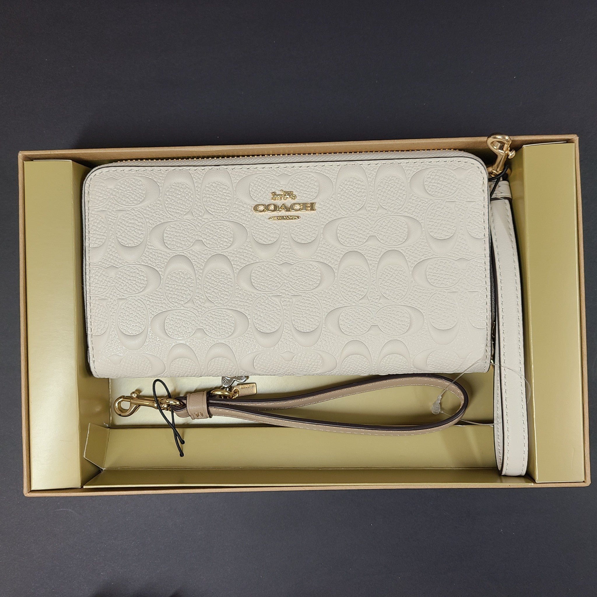 Coach Boxed Long Zip Around Wallet In Logo Embossed Leather C7220 Chalk NWT