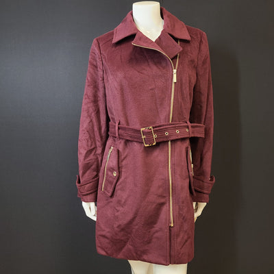 Michael Kors Women's Asymmetric Wool Blend Wrap Coat Merlot Burgundy Sz L NWT