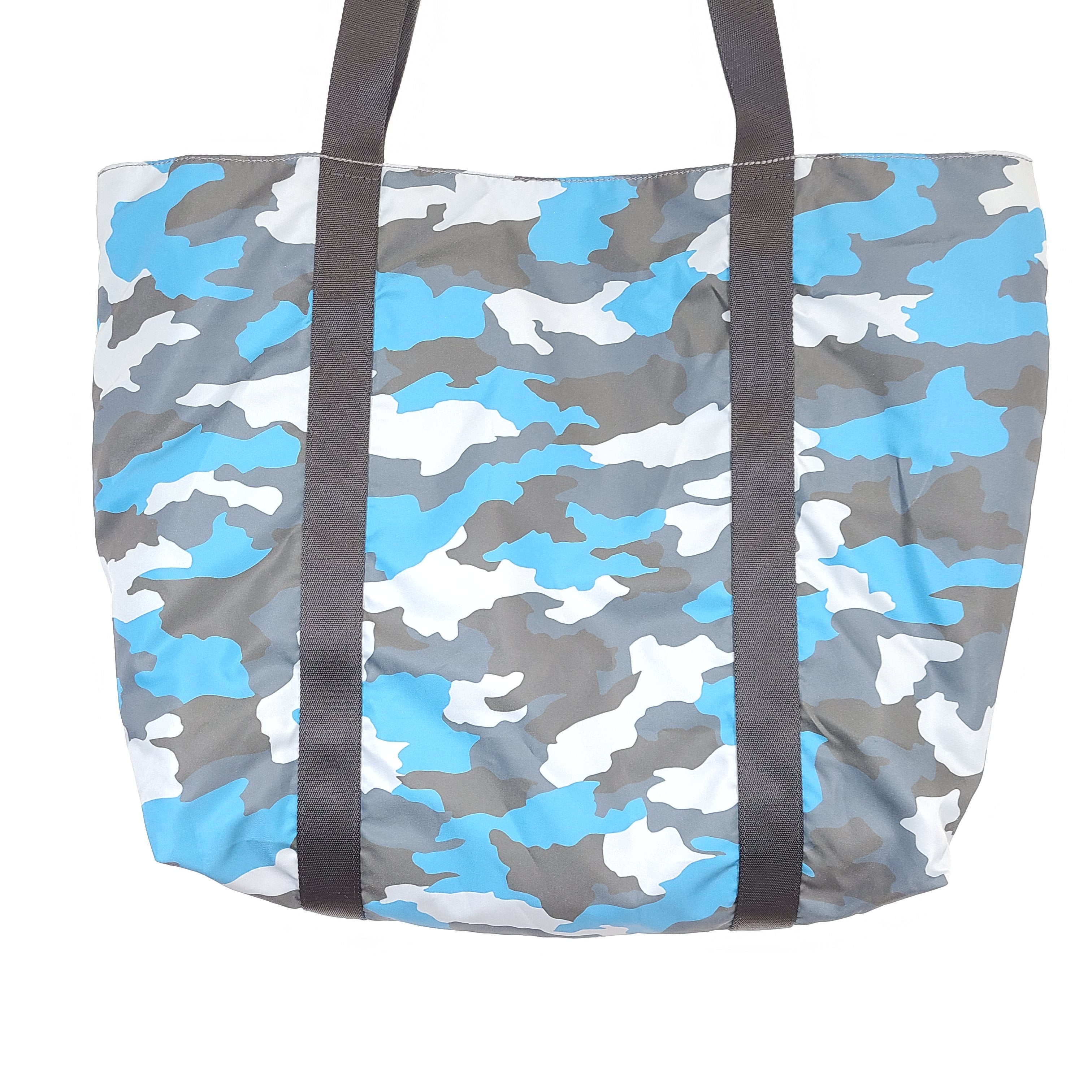 Multicolor Lululemon camouflage tote with pink, brown, green and blue panels and an internal label reading "items of importance".