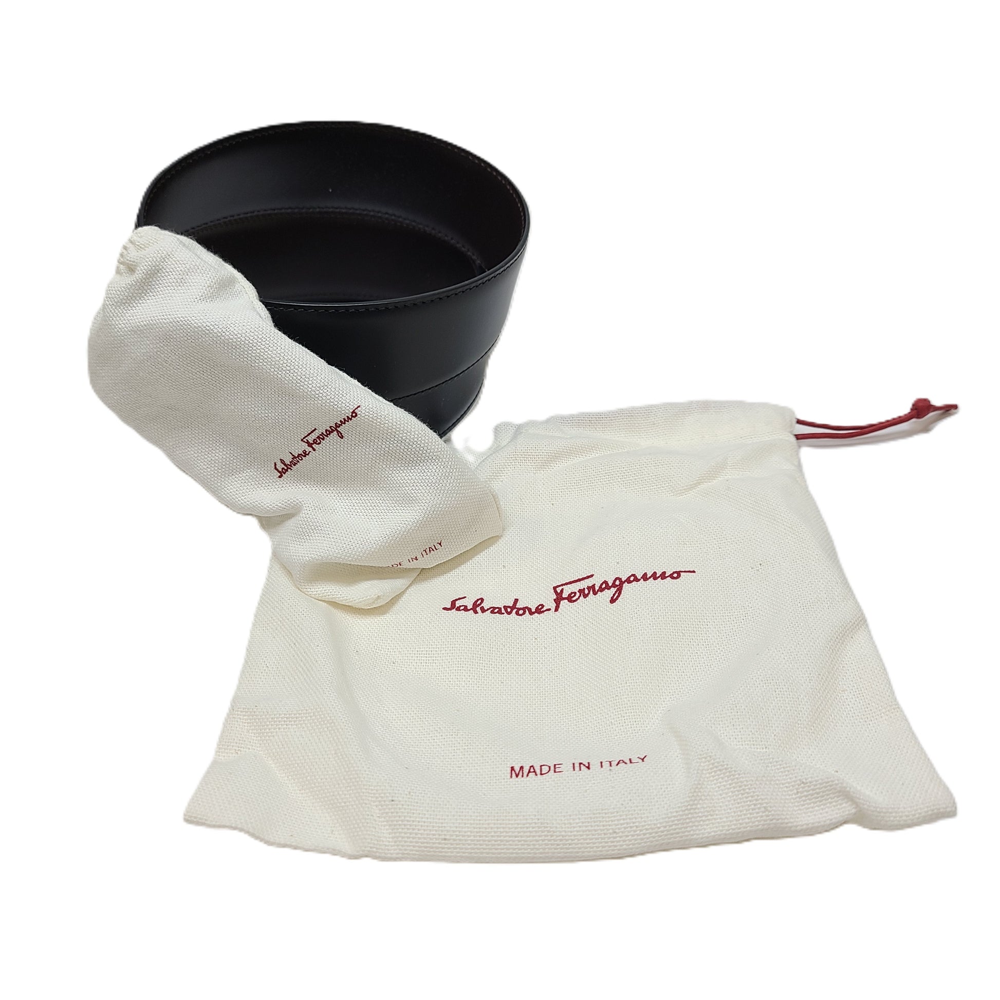 Salvatore Ferragamo black leather belt with refined buckle and Italian craftsmanship.