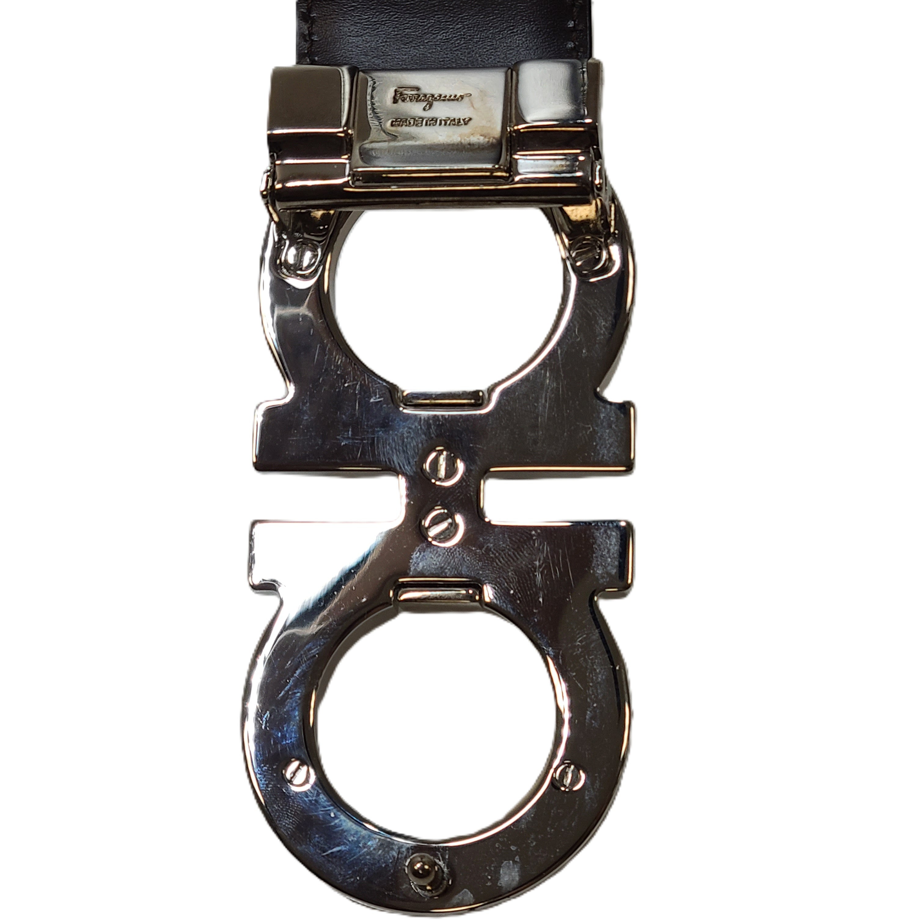 Salvatore Ferragamo black leather belt with refined buckle and Italian craftsmanship.