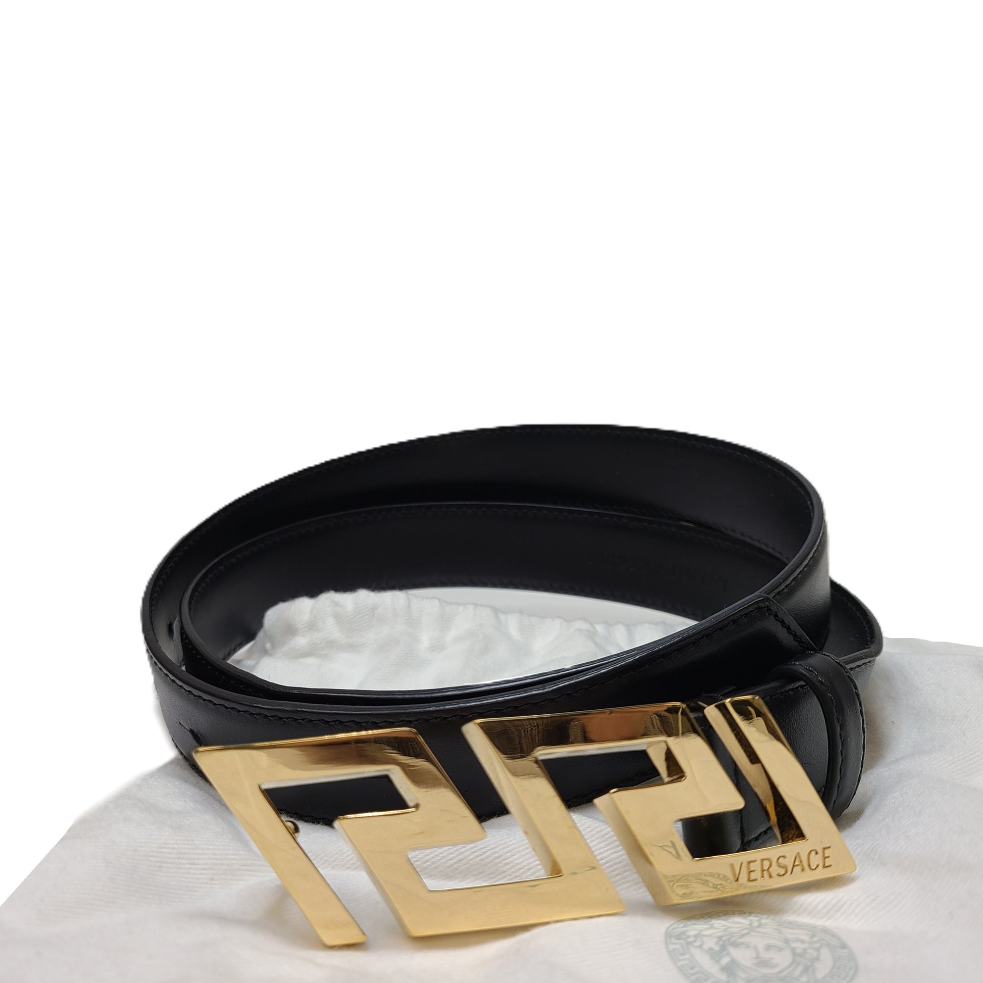 Black Versace leather belt with a gold Medusa buckle, sized 95/38.