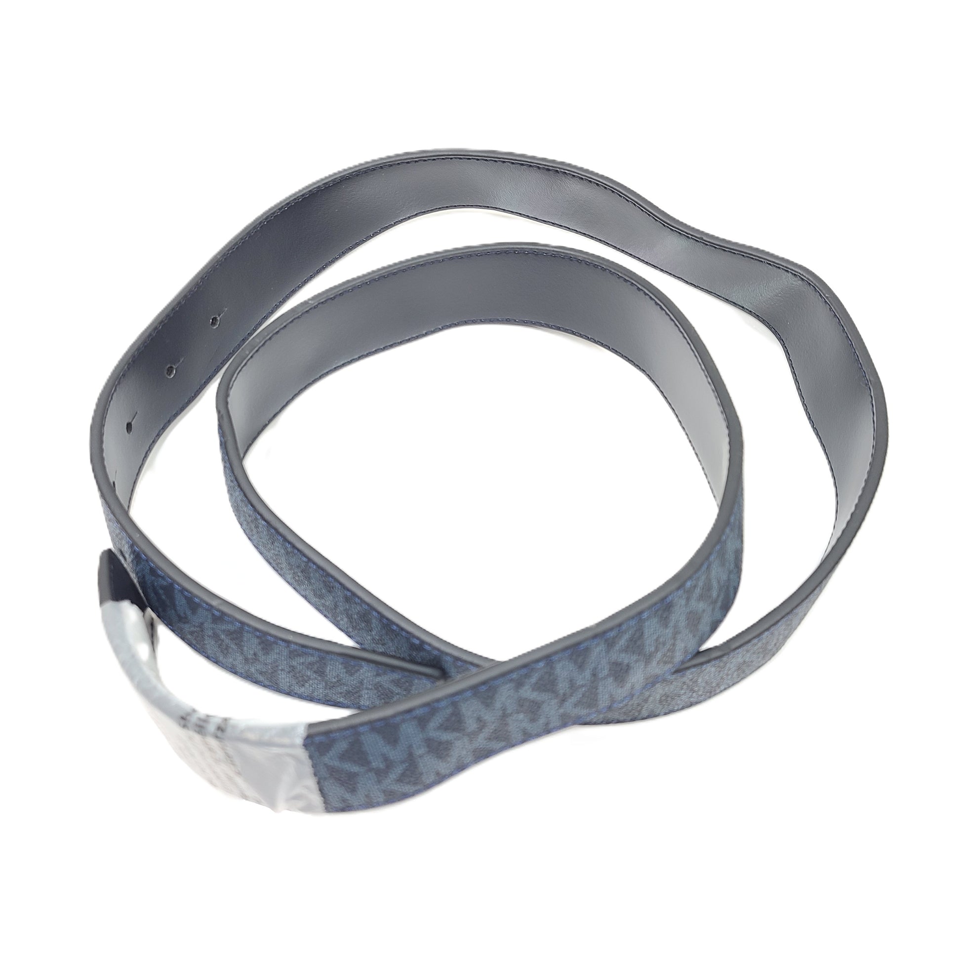 A reversible Michael Kors leather belt in blue and black with an MK logo buckle and a standard buckle.