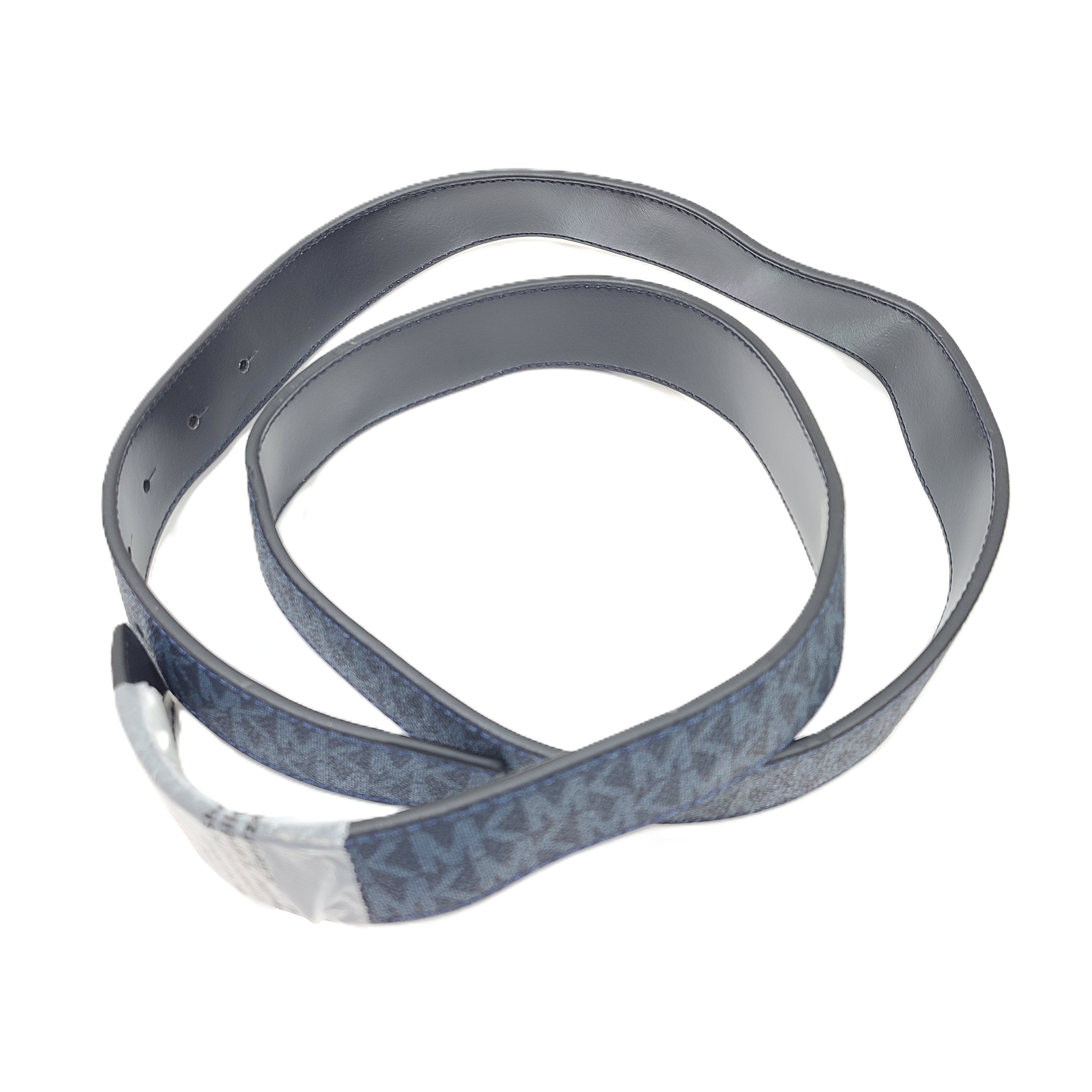 A reversible Michael Kors leather belt in blue and black with an MK logo buckle and a standard buckle.