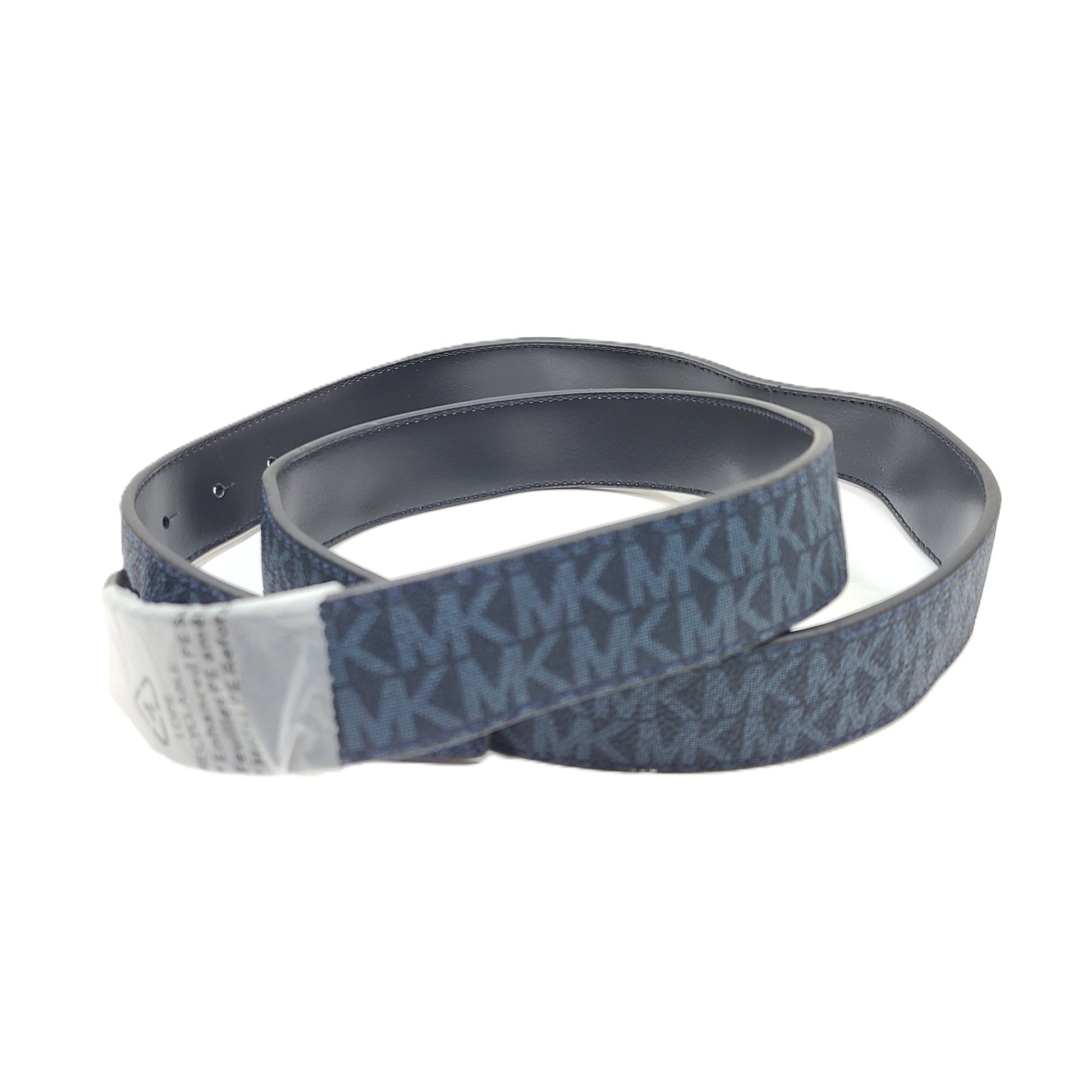 A reversible Michael Kors leather belt in blue and black with an MK logo buckle and a standard buckle.