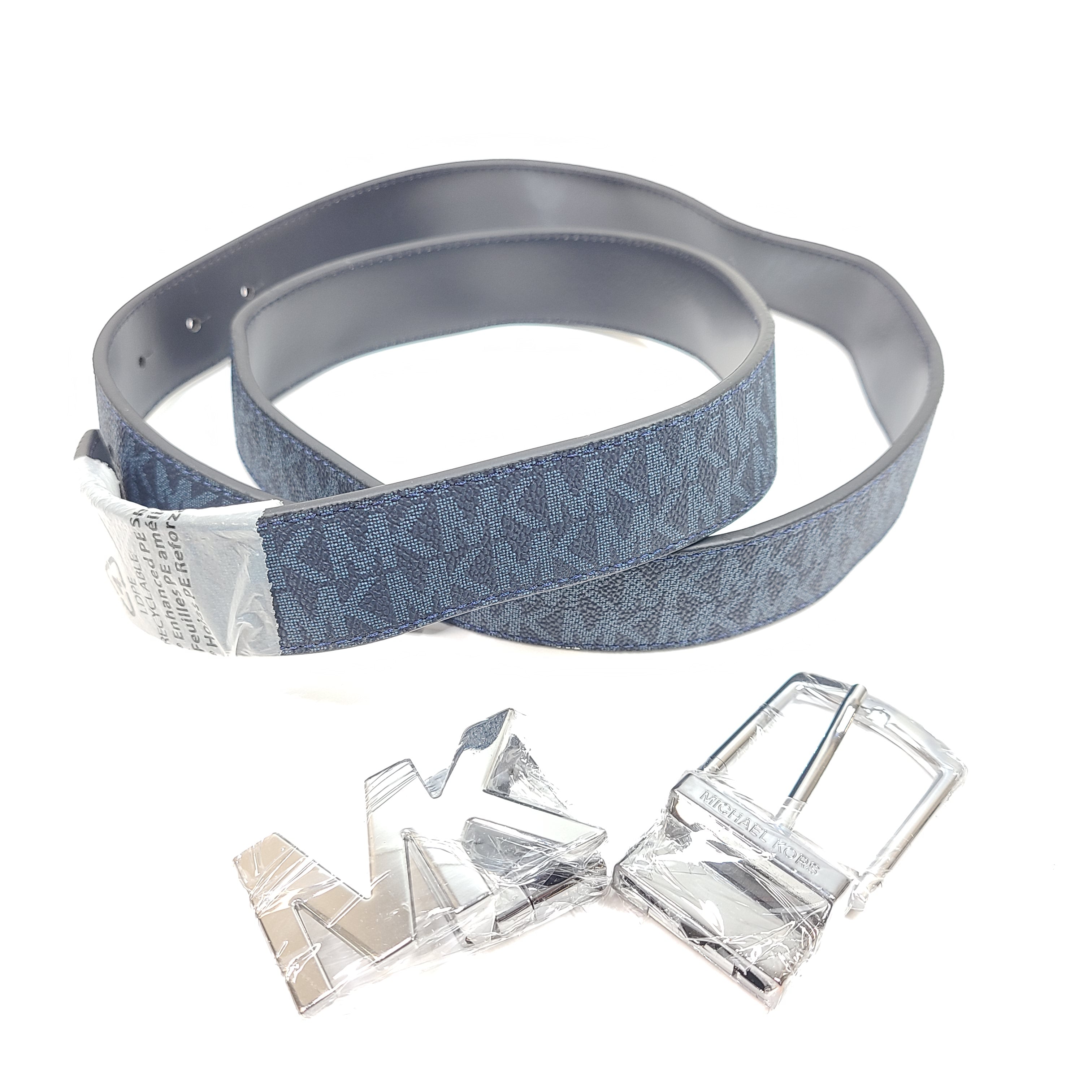 A reversible Michael Kors leather belt in blue and black with an MK logo buckle and a standard buckle.