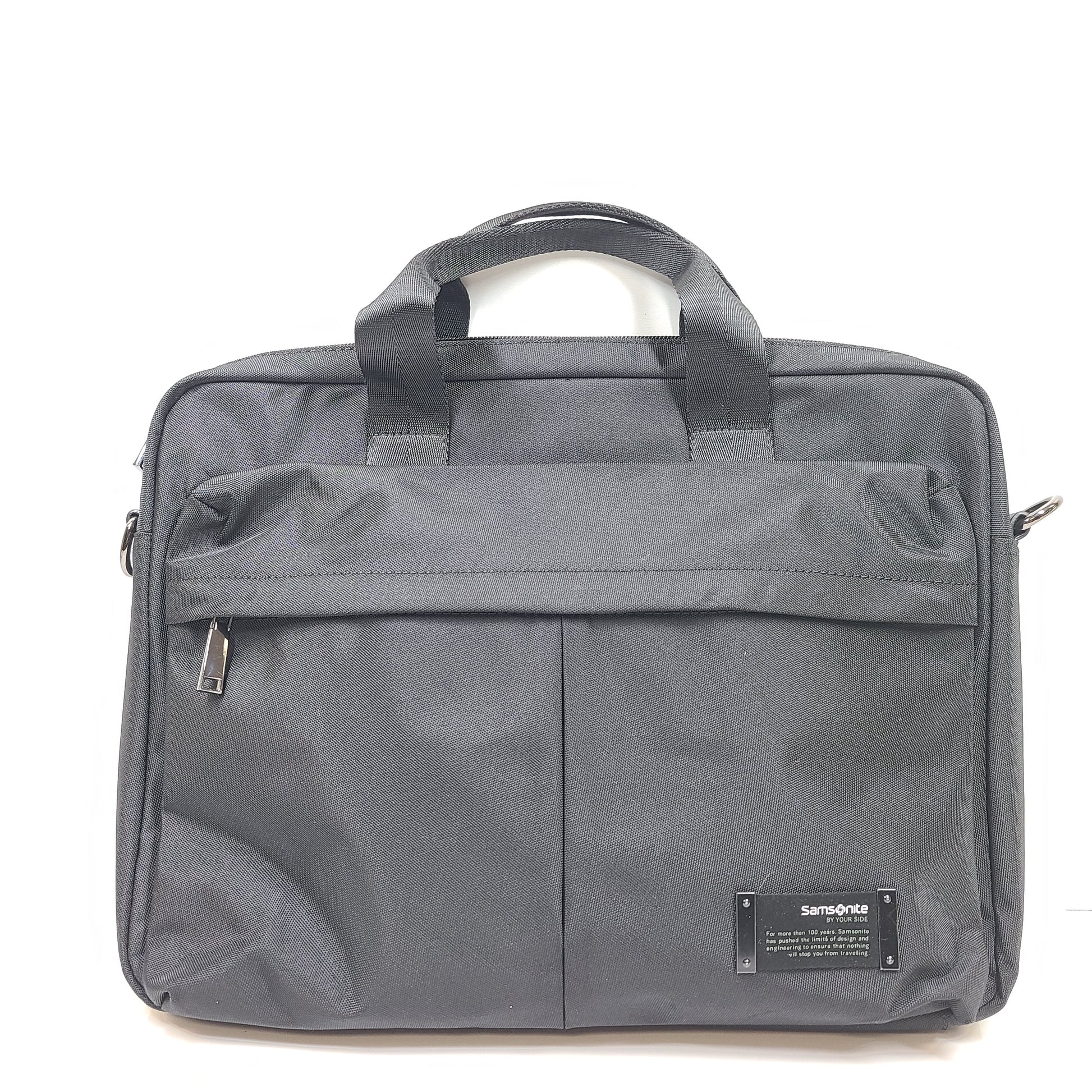 Black Samsonite laptop bag crafted from polyester and microfiber with a slim travel profile and padded laptop compartment.