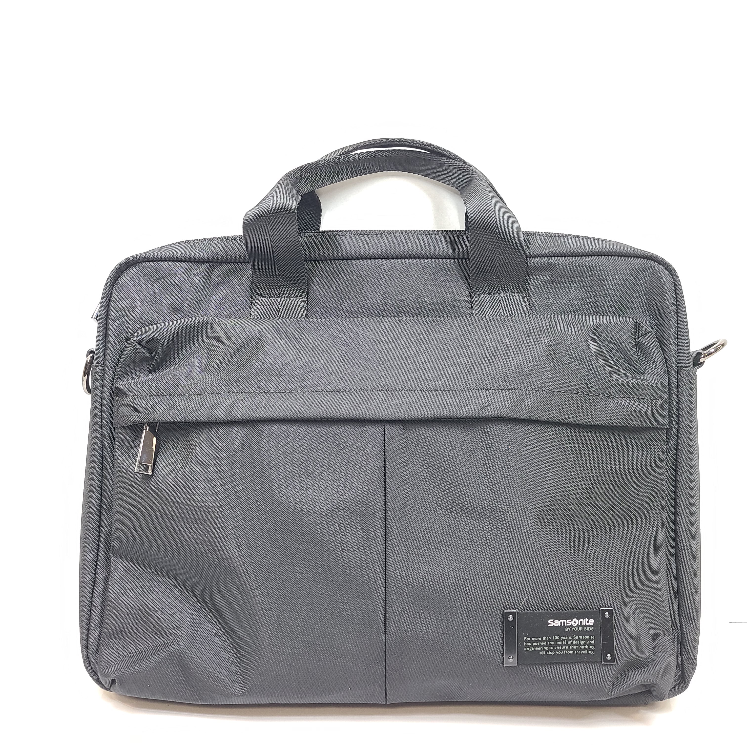 Black Samsonite laptop bag crafted from polyester and microfiber with a slim travel profile and padded laptop compartment.