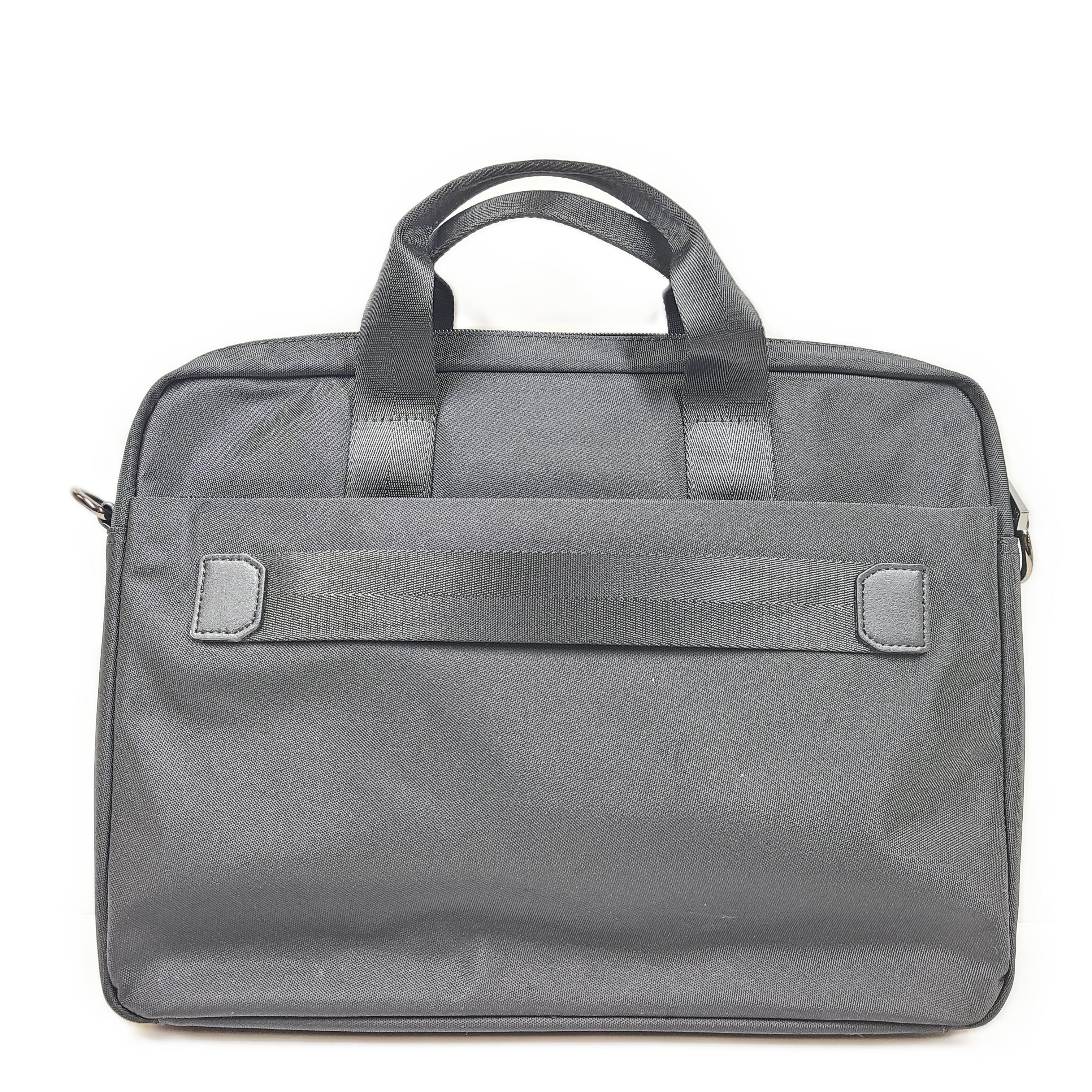 Black Samsonite laptop bag crafted from polyester and microfiber with a slim travel profile and padded laptop compartment.
