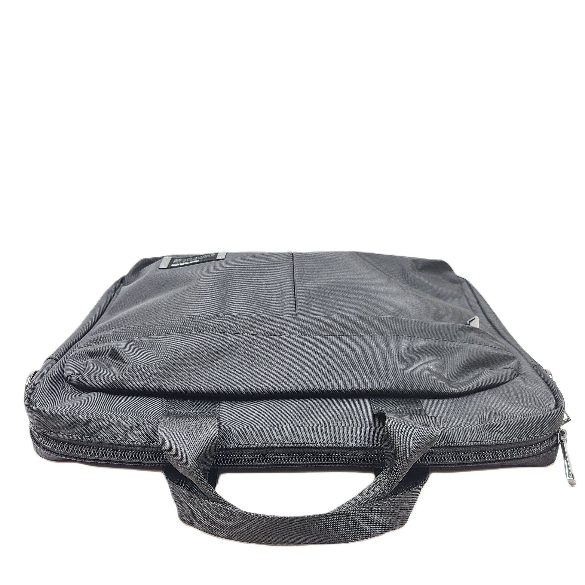 Black Samsonite laptop bag crafted from polyester and microfiber with a slim travel profile and padded laptop compartment.