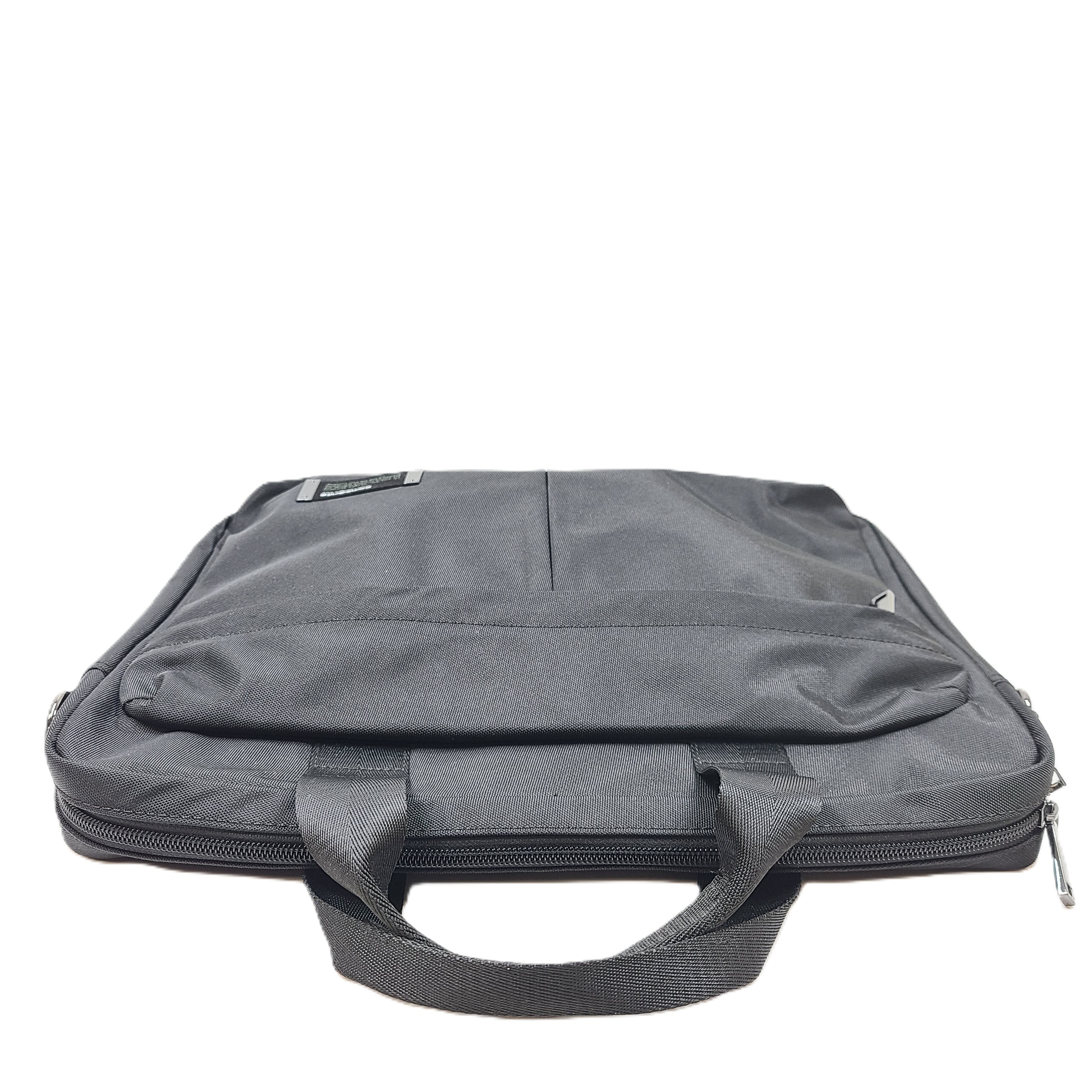 Black Samsonite laptop bag crafted from polyester and microfiber with a slim travel profile and padded laptop compartment.