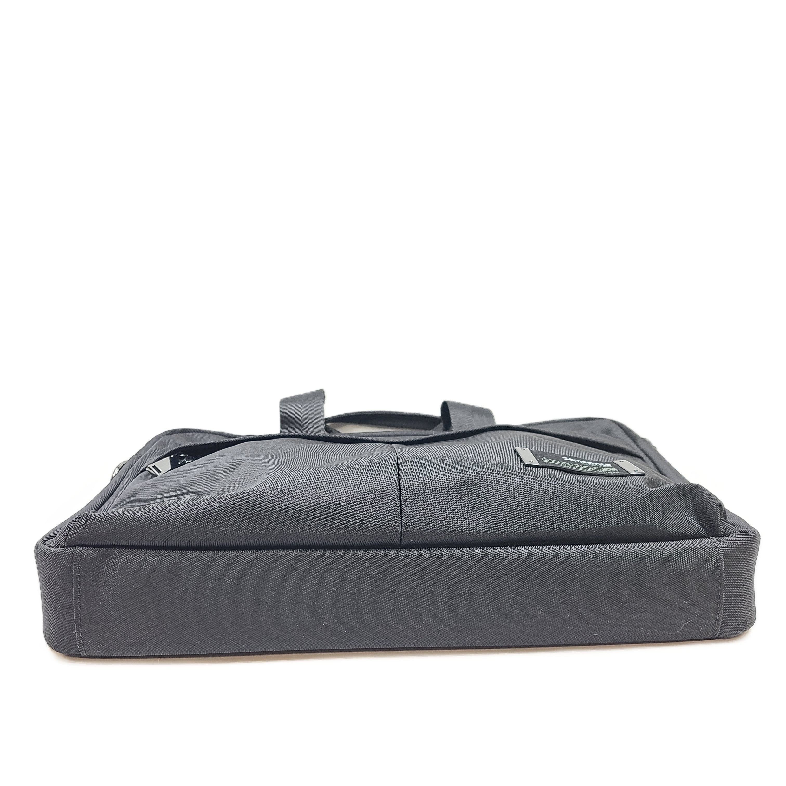Black Samsonite laptop bag crafted from polyester and microfiber with a slim travel profile and padded laptop compartment.