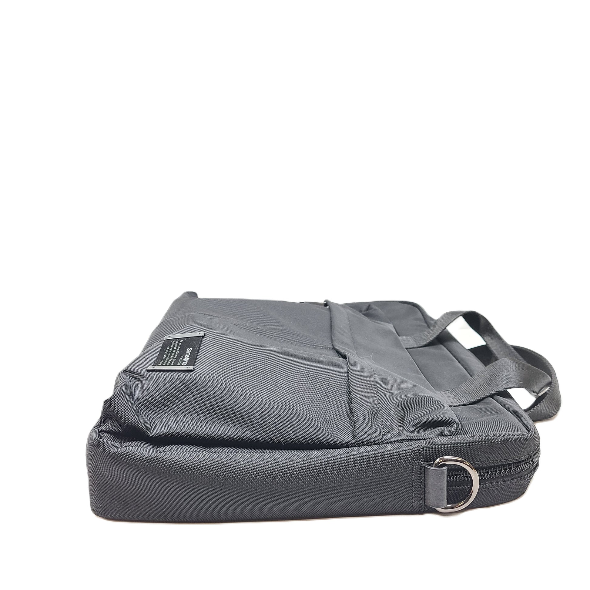 Black Samsonite laptop bag crafted from polyester and microfiber with a slim travel profile and padded laptop compartment.