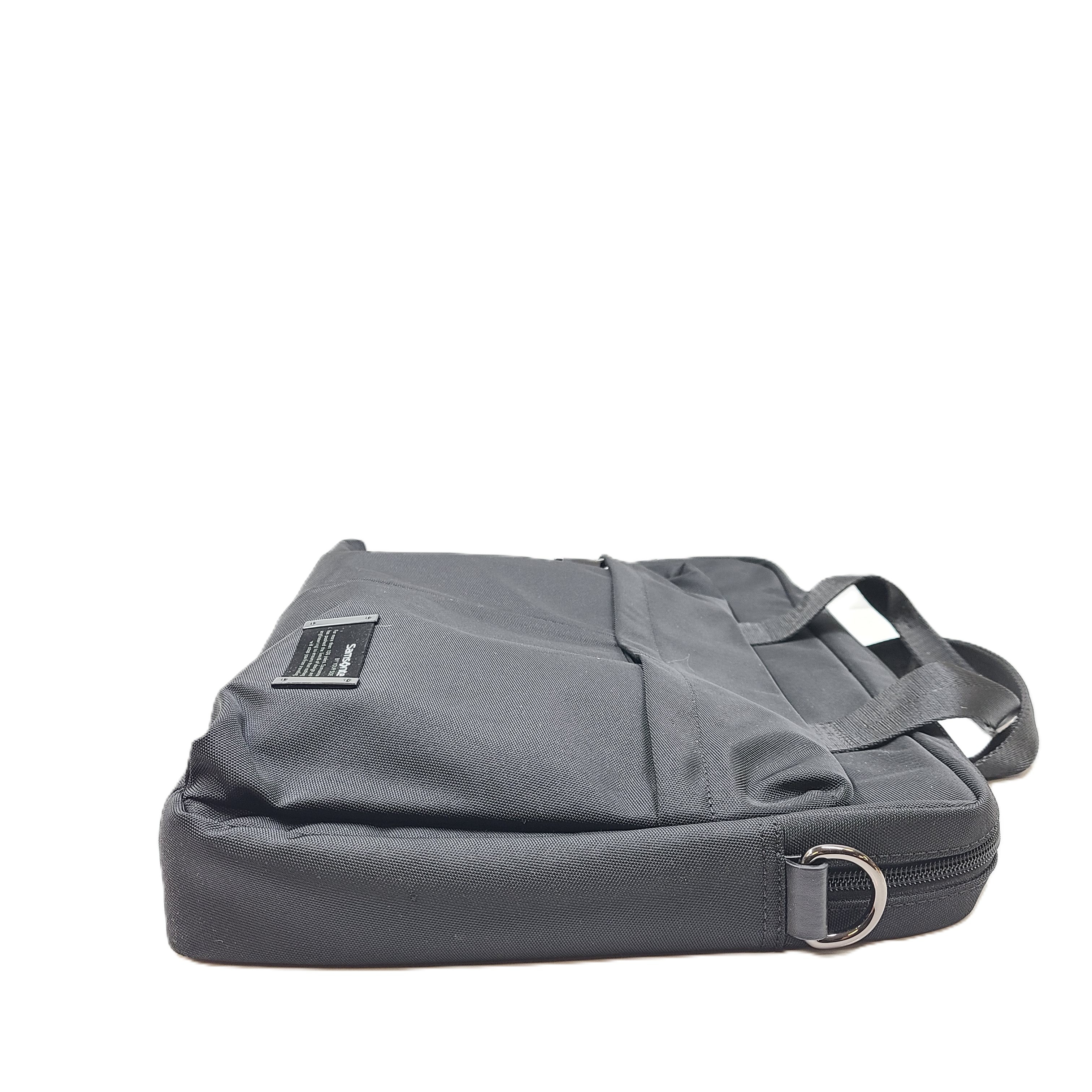 Black Samsonite laptop bag crafted from polyester and microfiber with a slim travel profile and padded laptop compartment.