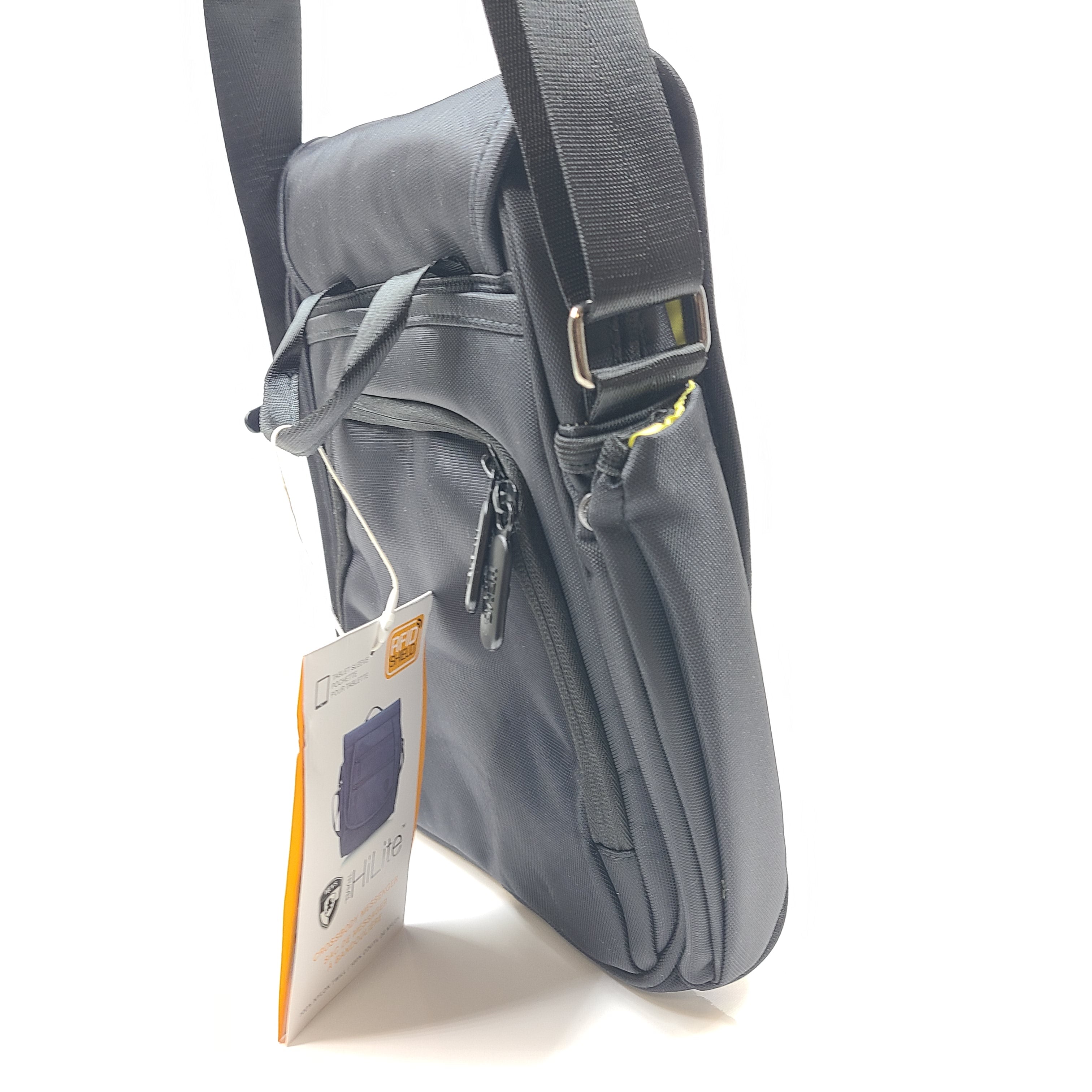 Compact black RFID-shield crossbody messenger bag with magnetic front flap for secure everyday carry.