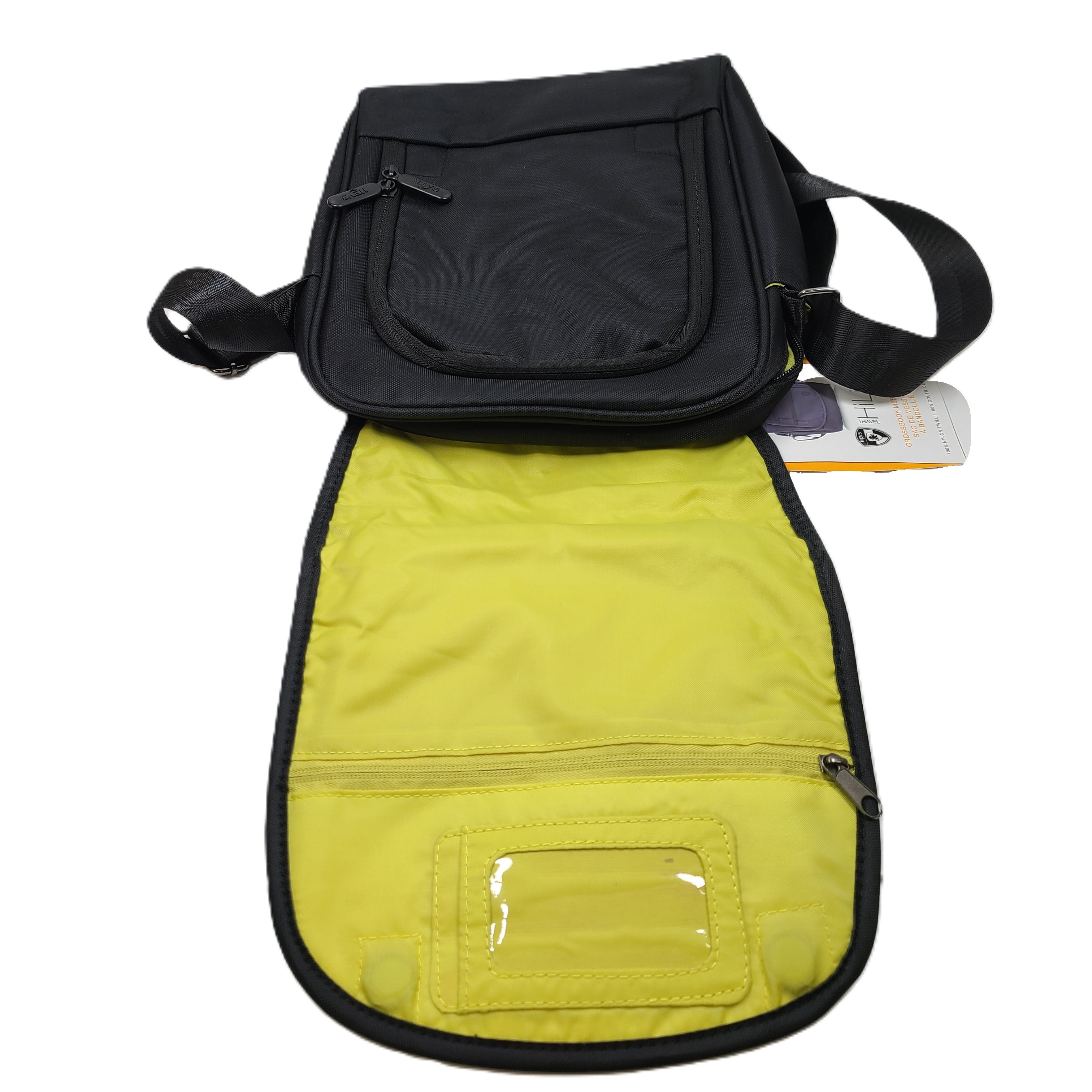 Compact black RFID-shield crossbody messenger bag with magnetic front flap for secure everyday carry.